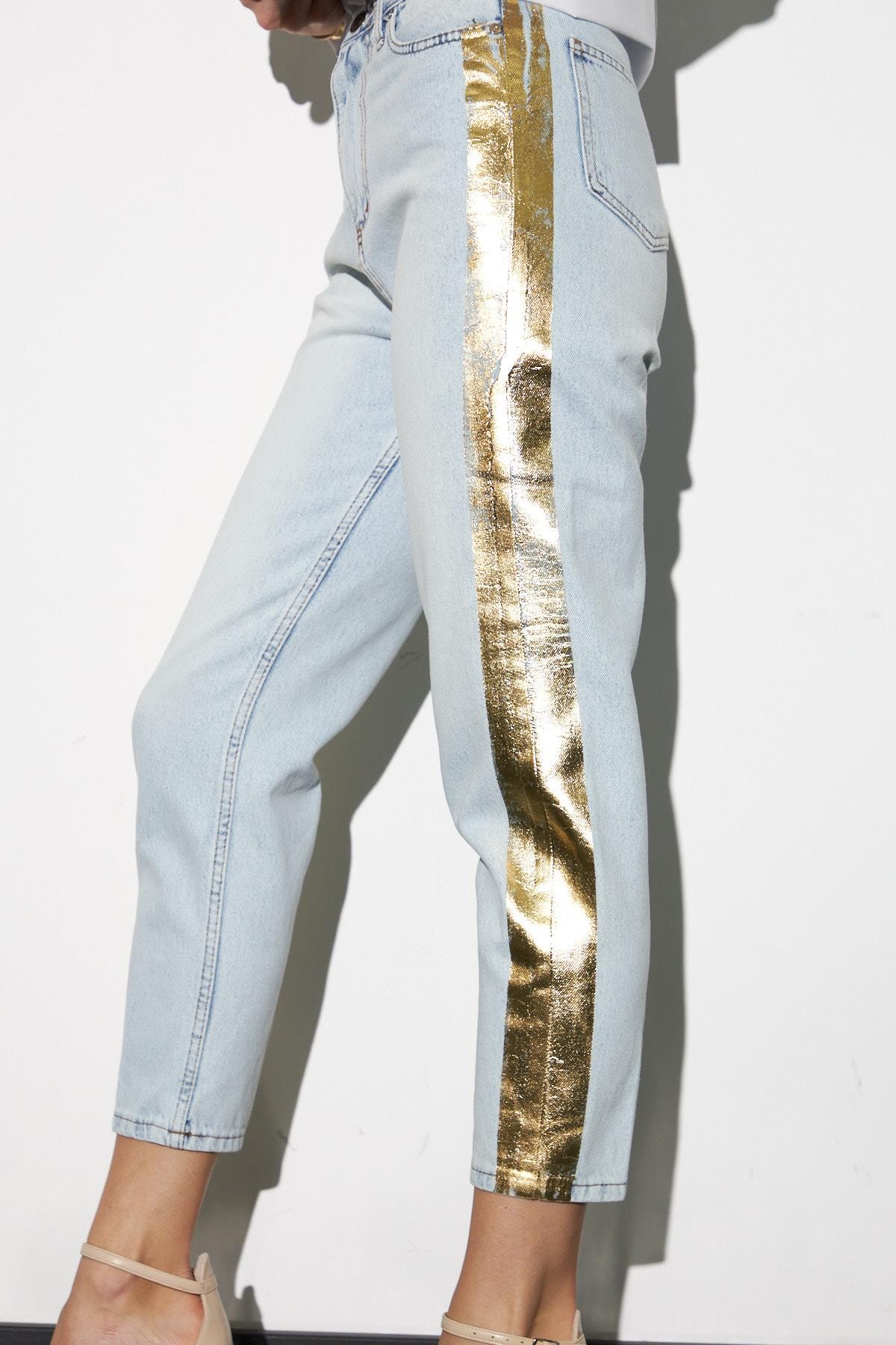 Gold Foil Star Mom Fit Denim Pantolon Gold