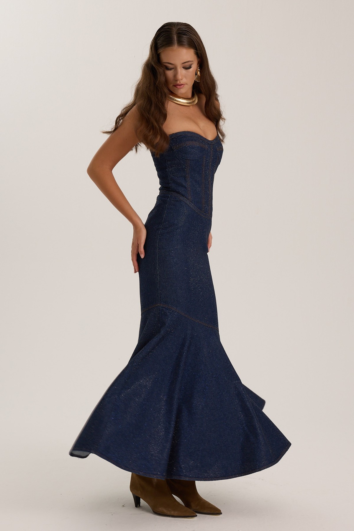 Iconic Diamond Jean Fleur Denim Maxi Dress DARK BLUE