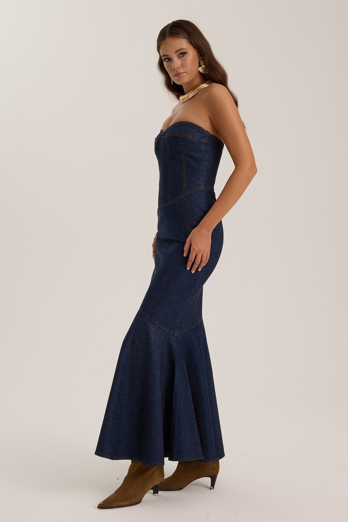 Iconic Diamond Jean Fleur Denim Maxi Dress DARK BLUE