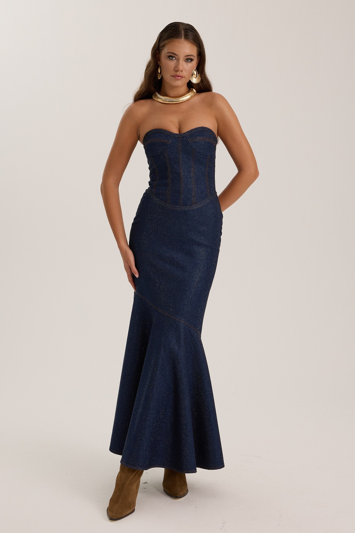 Iconic Diamond Jean Fleur Denim Maxi Dress DARK BLUE