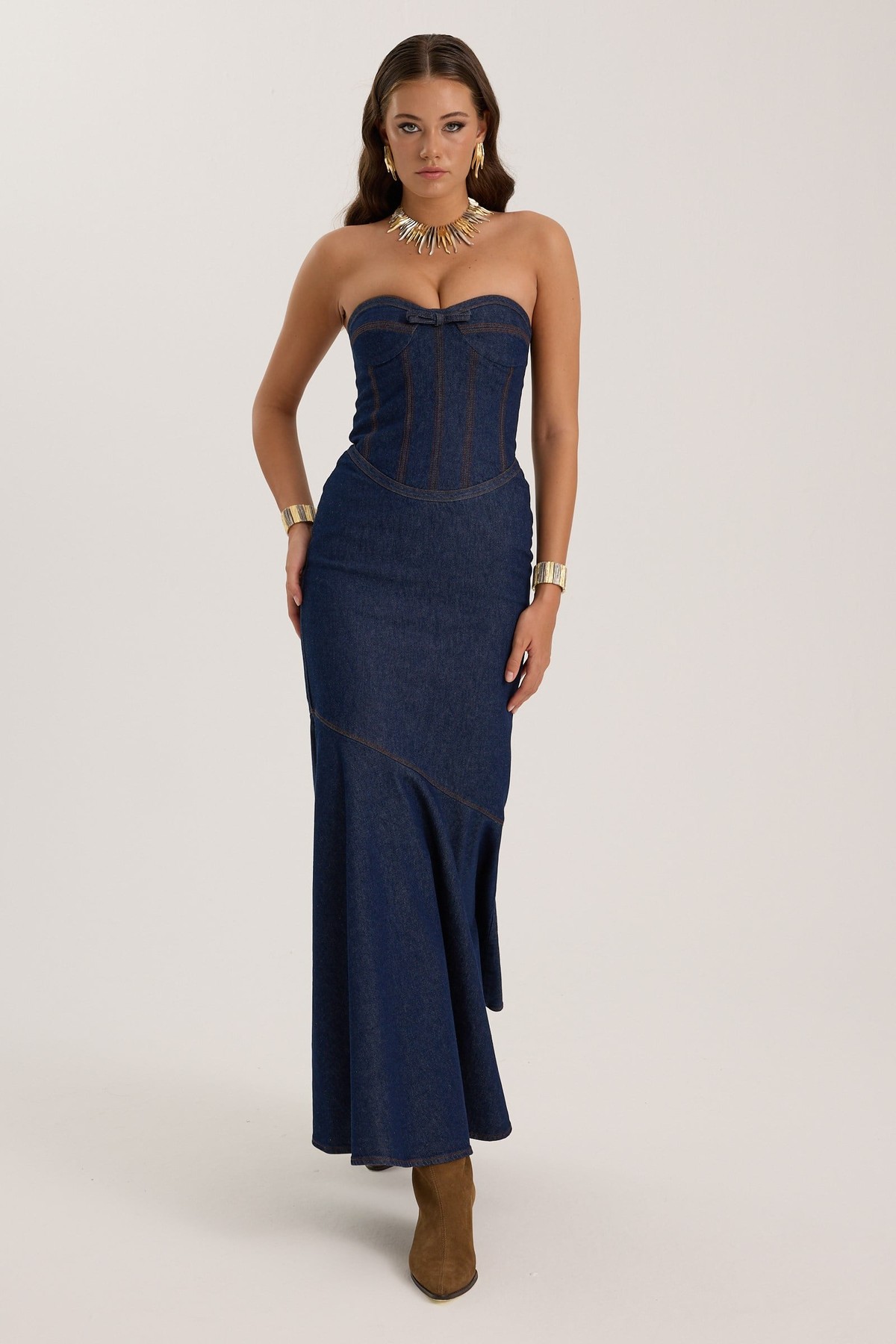 Iconic Jean Fleur  Denim Maxi Dress DARK BLUE