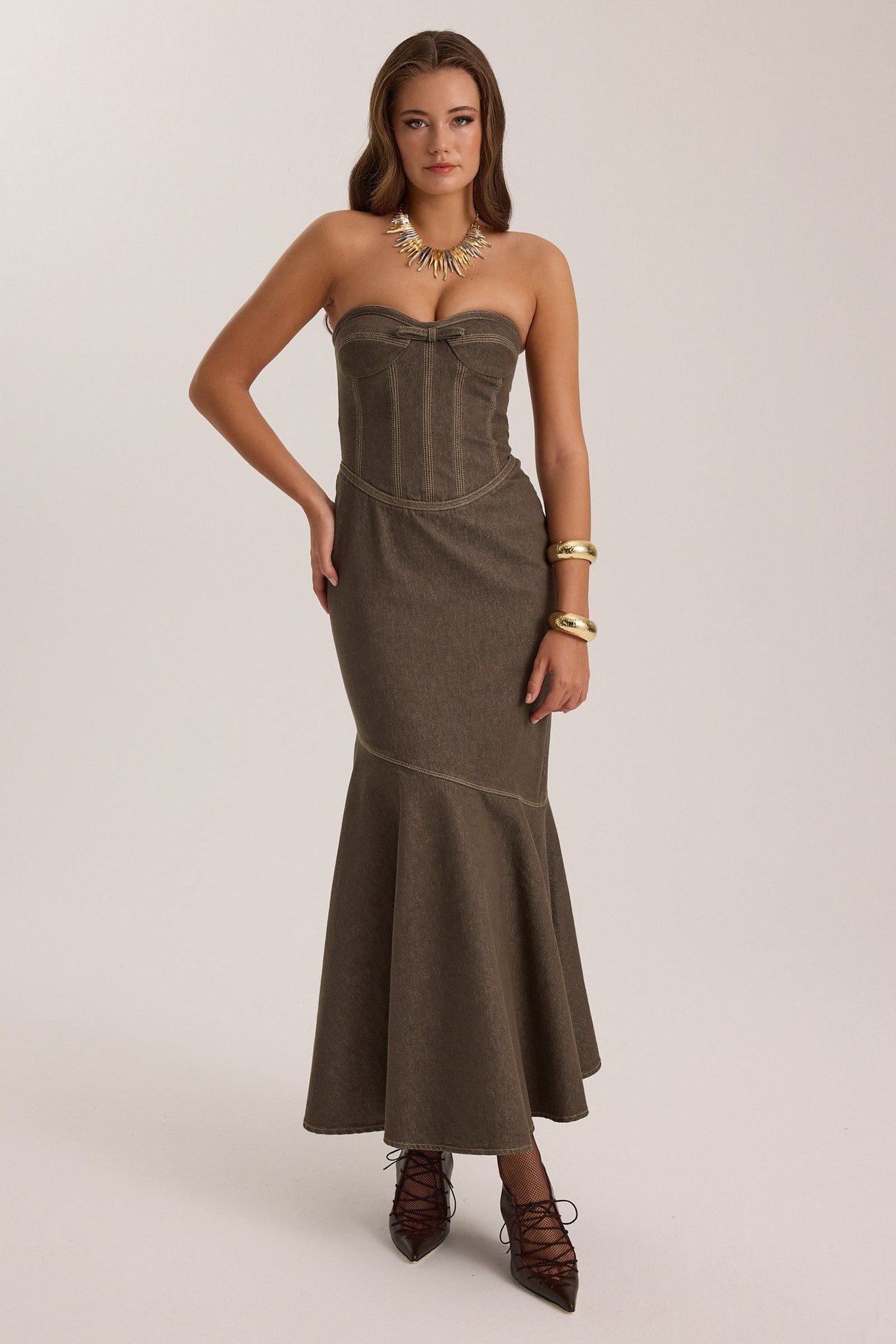 Iconic Jean Fleur  Denim Maxi Dress DARK GREEN