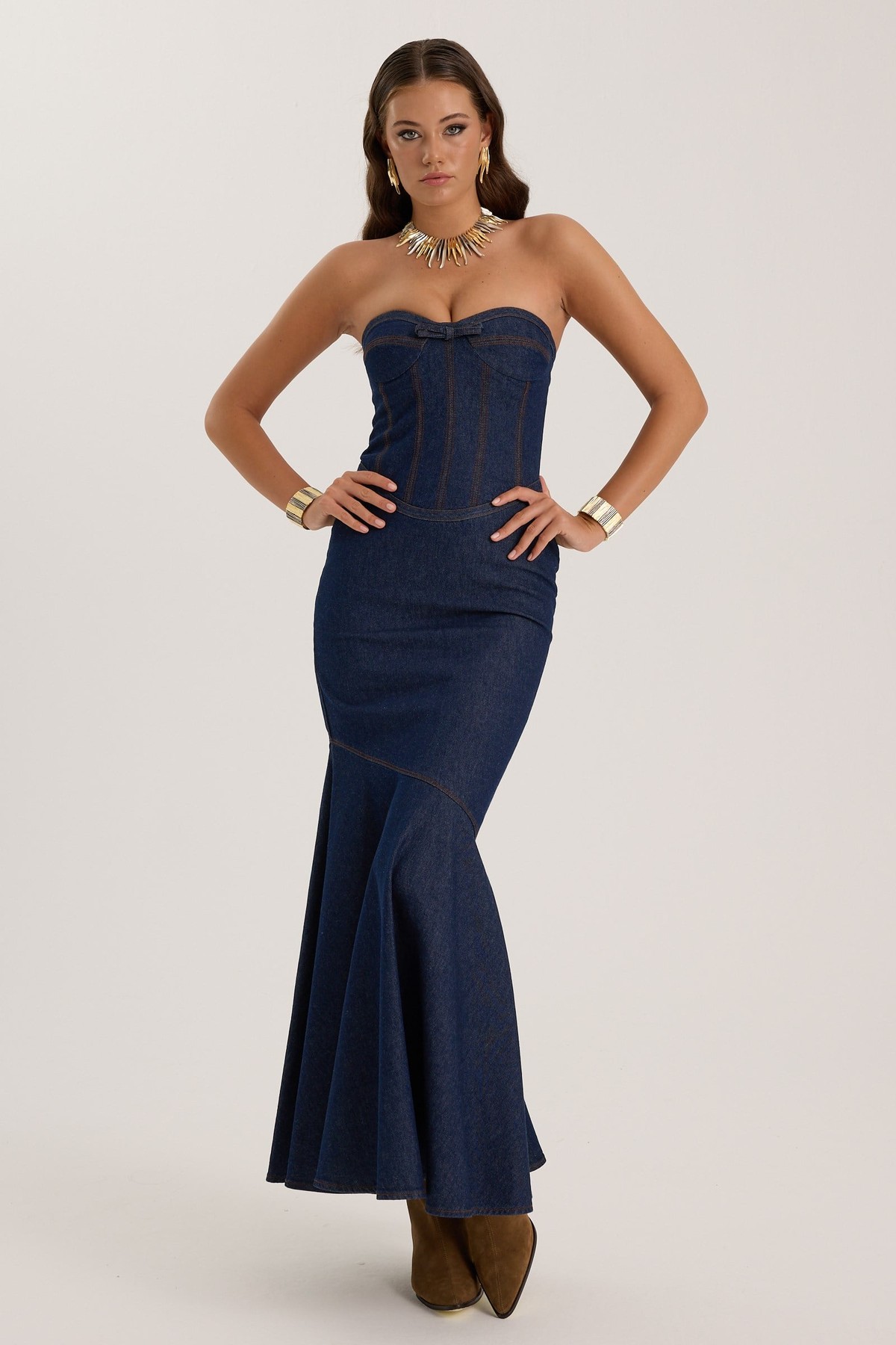 Iconic Jean Fleur  Denim Maxi Dress DARK BLUE