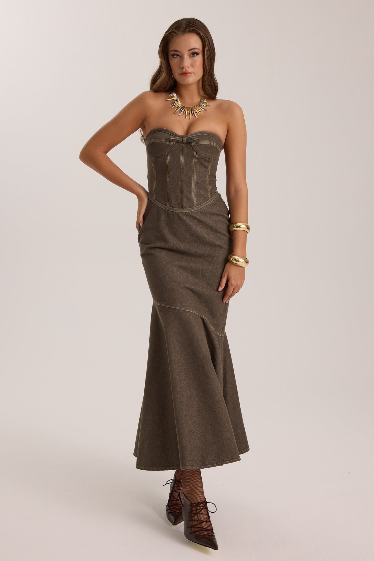 Iconic Jean Fleur  Denim Maxi Dress DARK GREEN