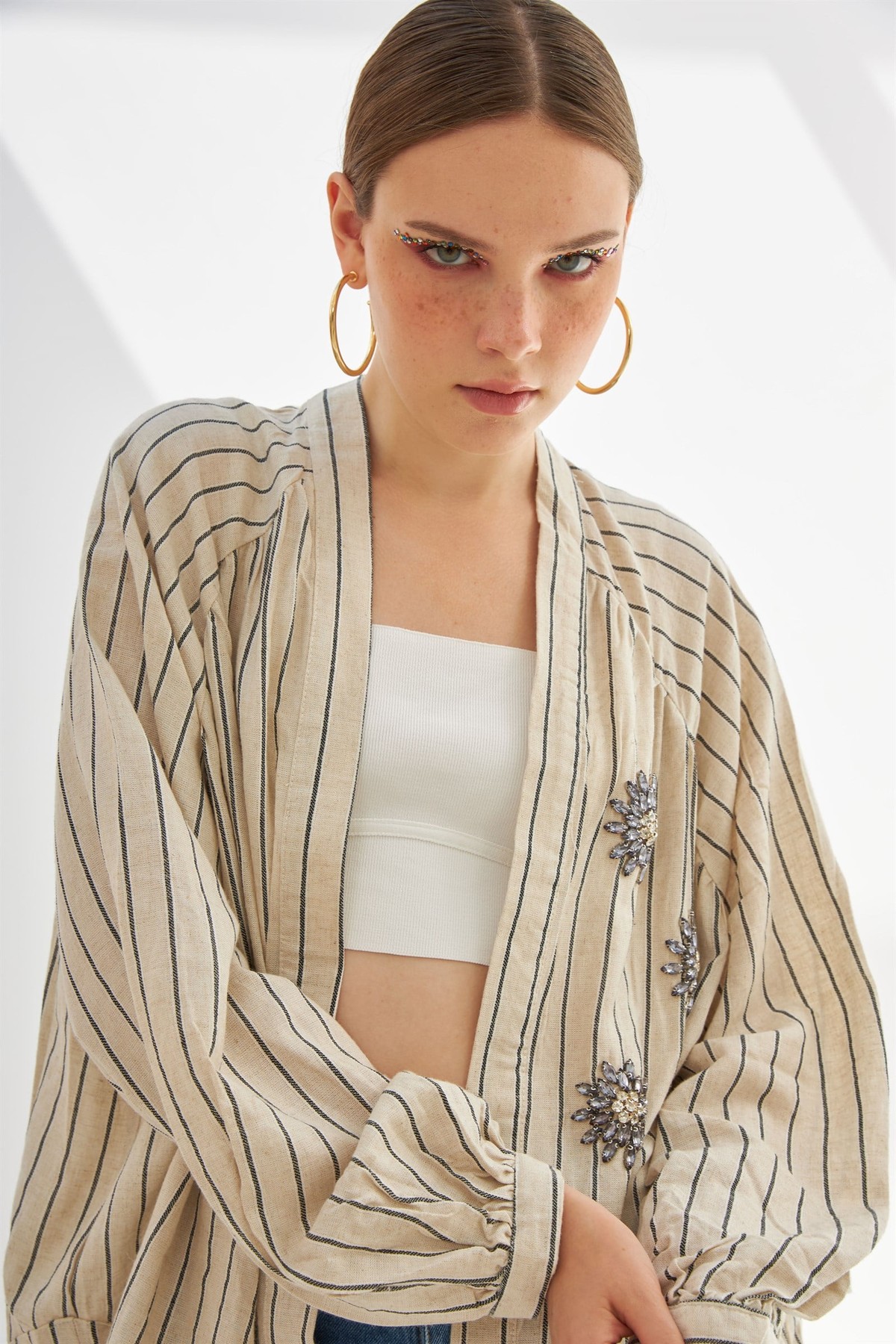 İnce Çizgili Taşlı Kimono NATUREL
