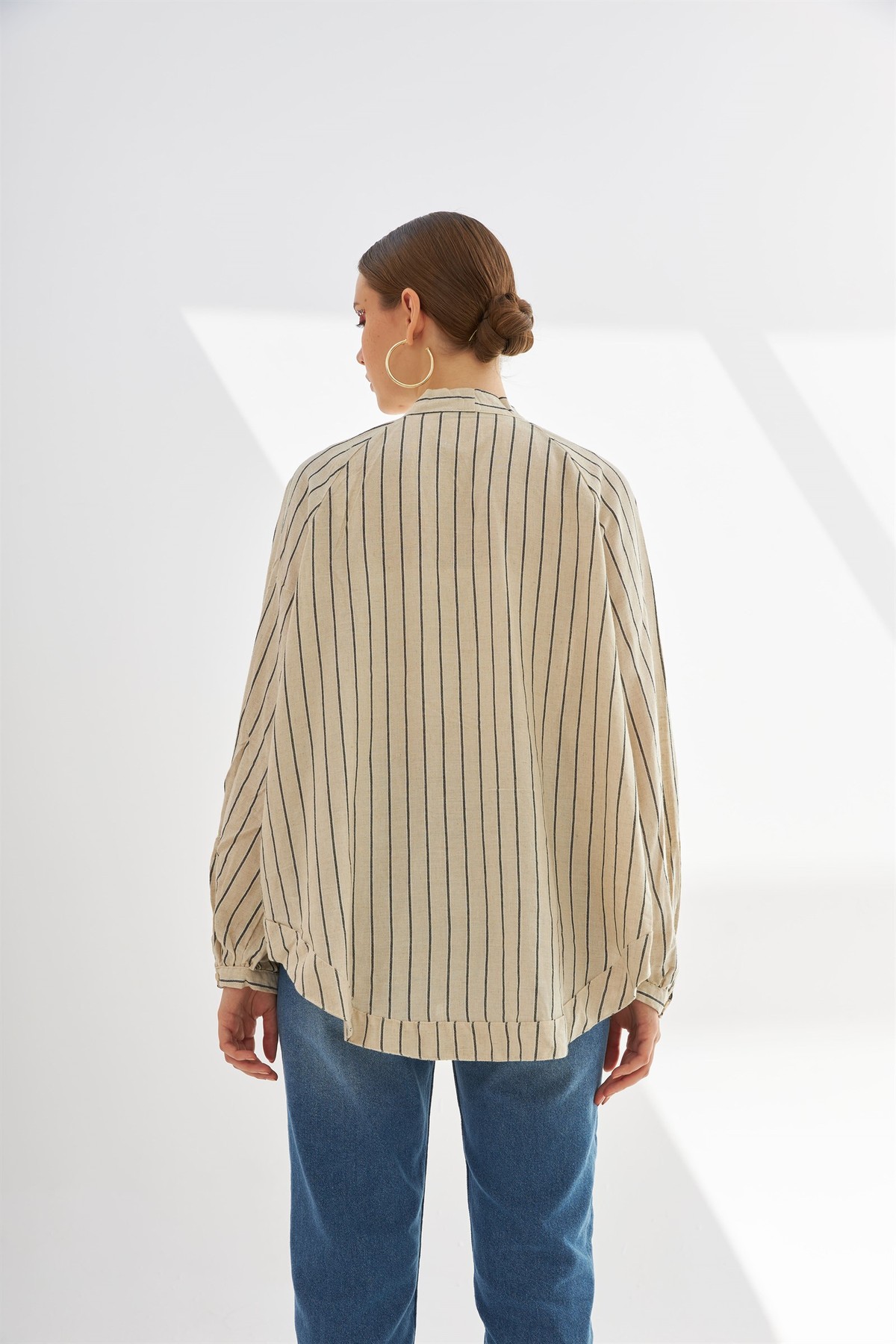 İnce Çizgili Taşlı Kimono NATUREL