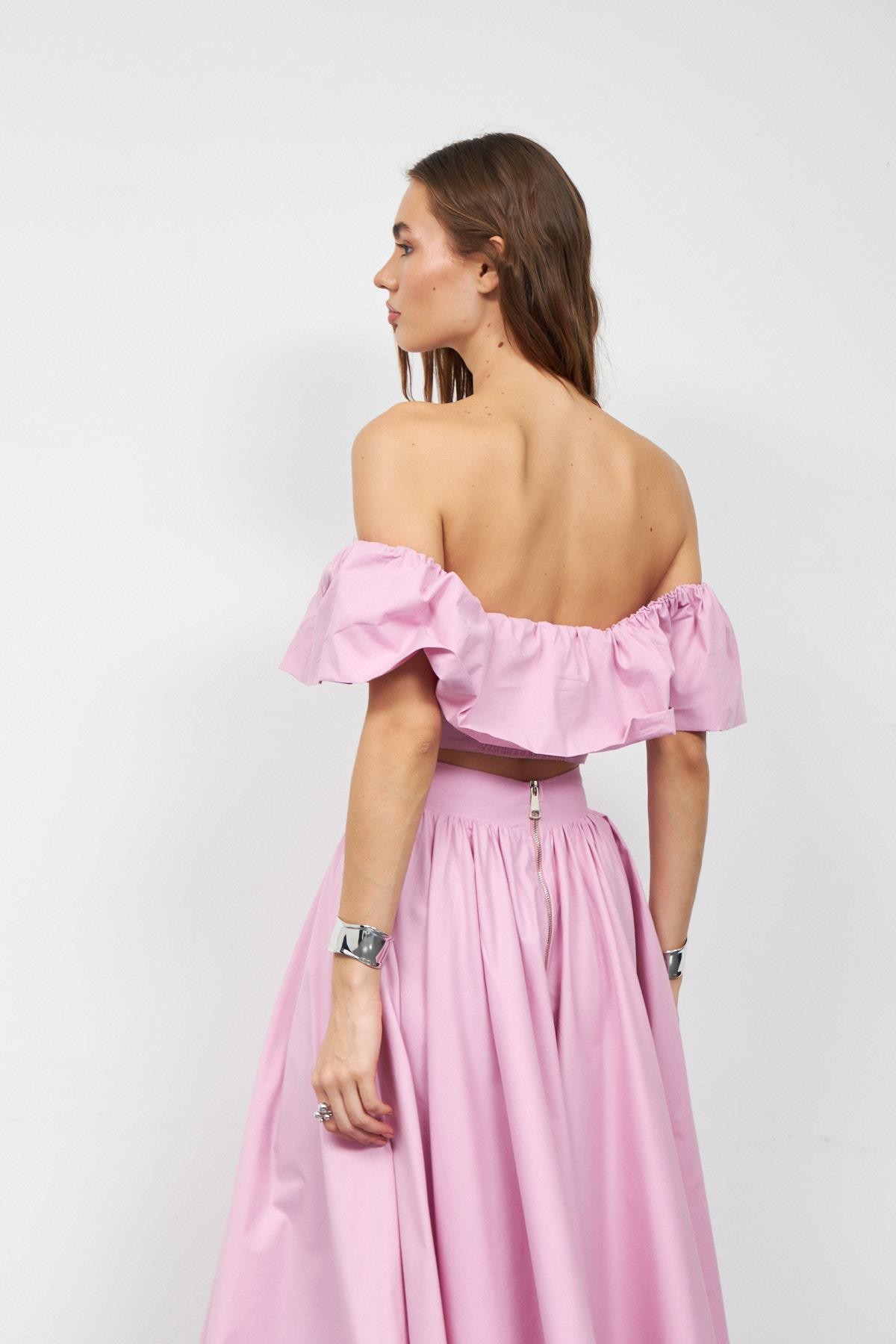 Jolie Ruffle Crop Bluz Pembe