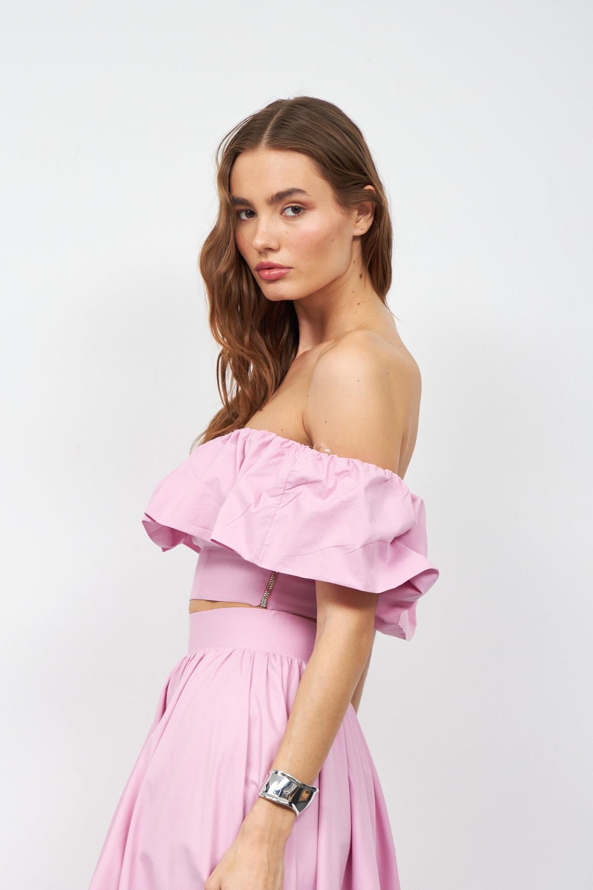Jolie Ruffle Crop Bluz Pembe