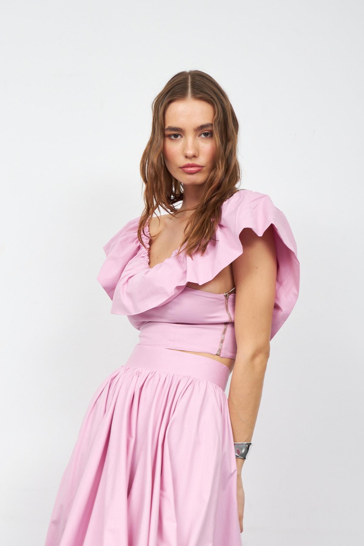 Jolie Ruffle Crop Bluz Pembe