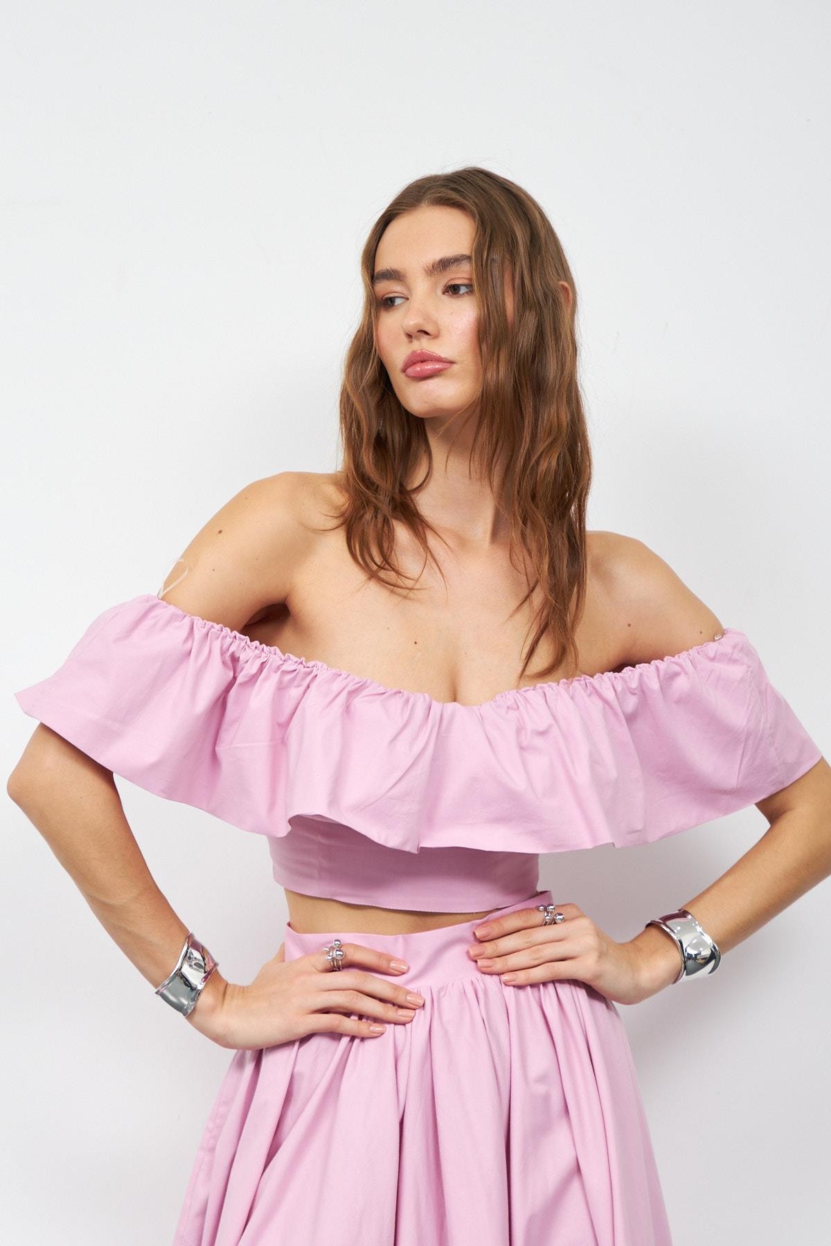 Jolie Ruffle Crop Bluz Pembe