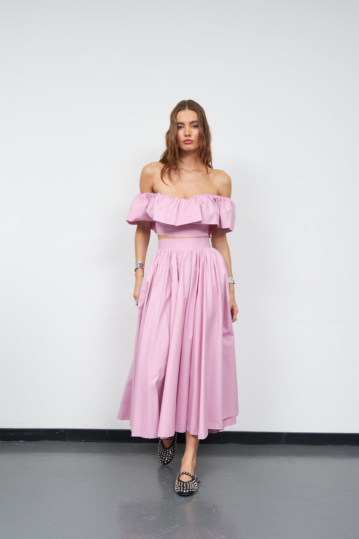 Jolie Ruffle Crop Bluz Pembe