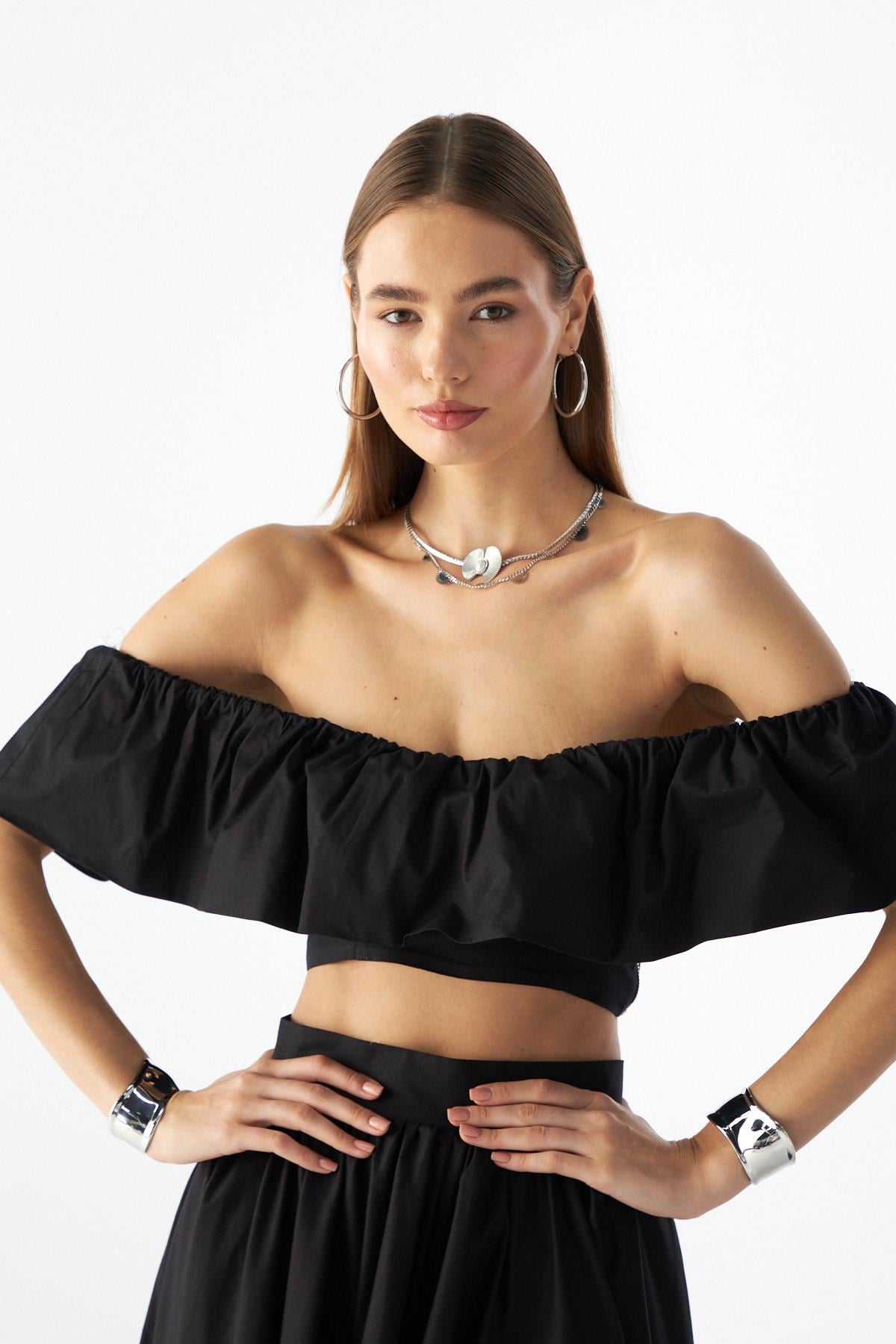 Jolie Ruffle Crop Bluz Siyah