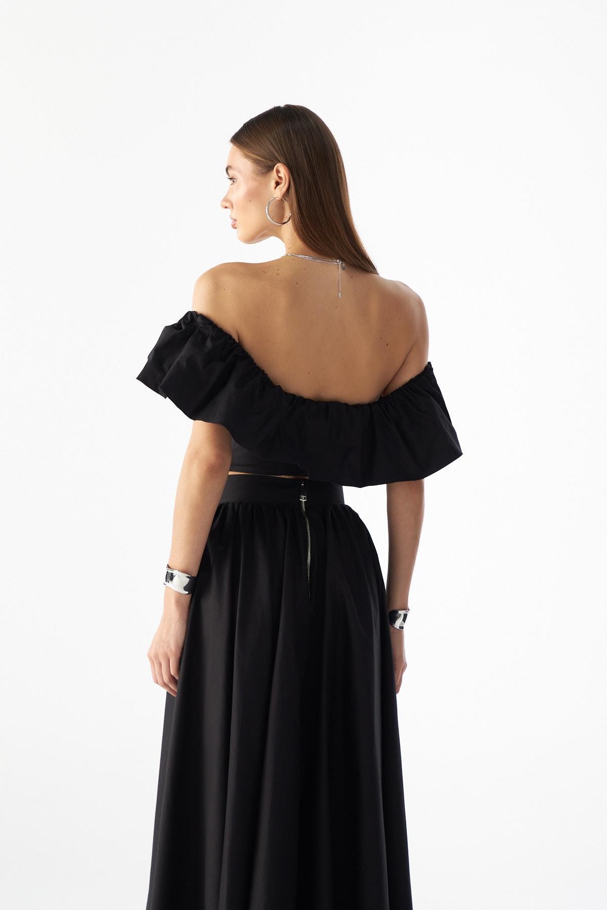 Jolie Ruffle Crop Bluz Siyah