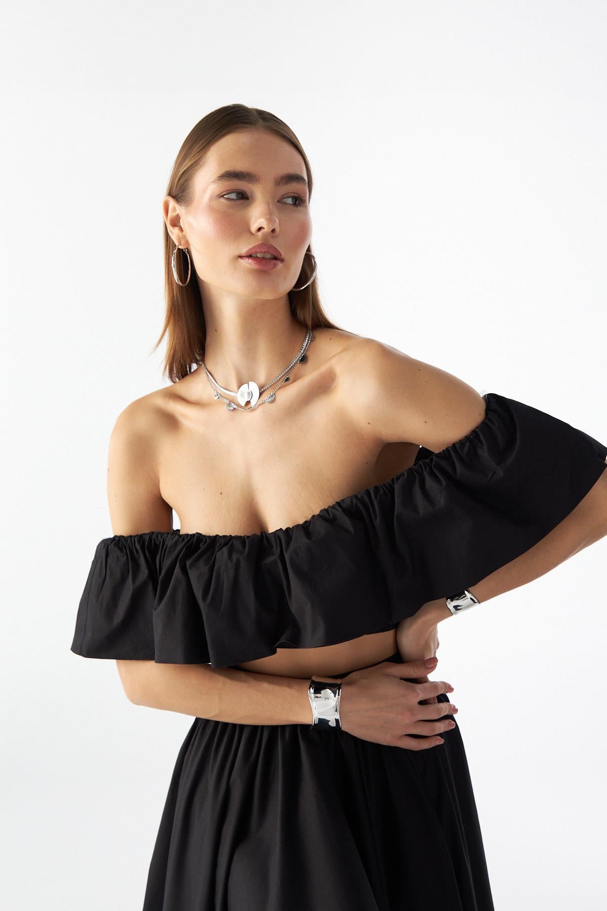Jolie Ruffle Crop Bluz Siyah