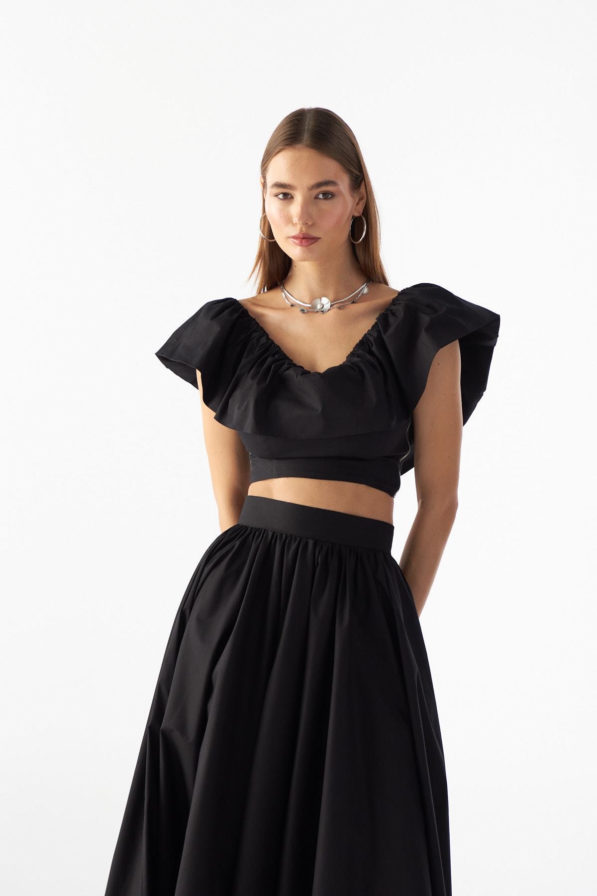Jolie Ruffle Crop Bluz Siyah
