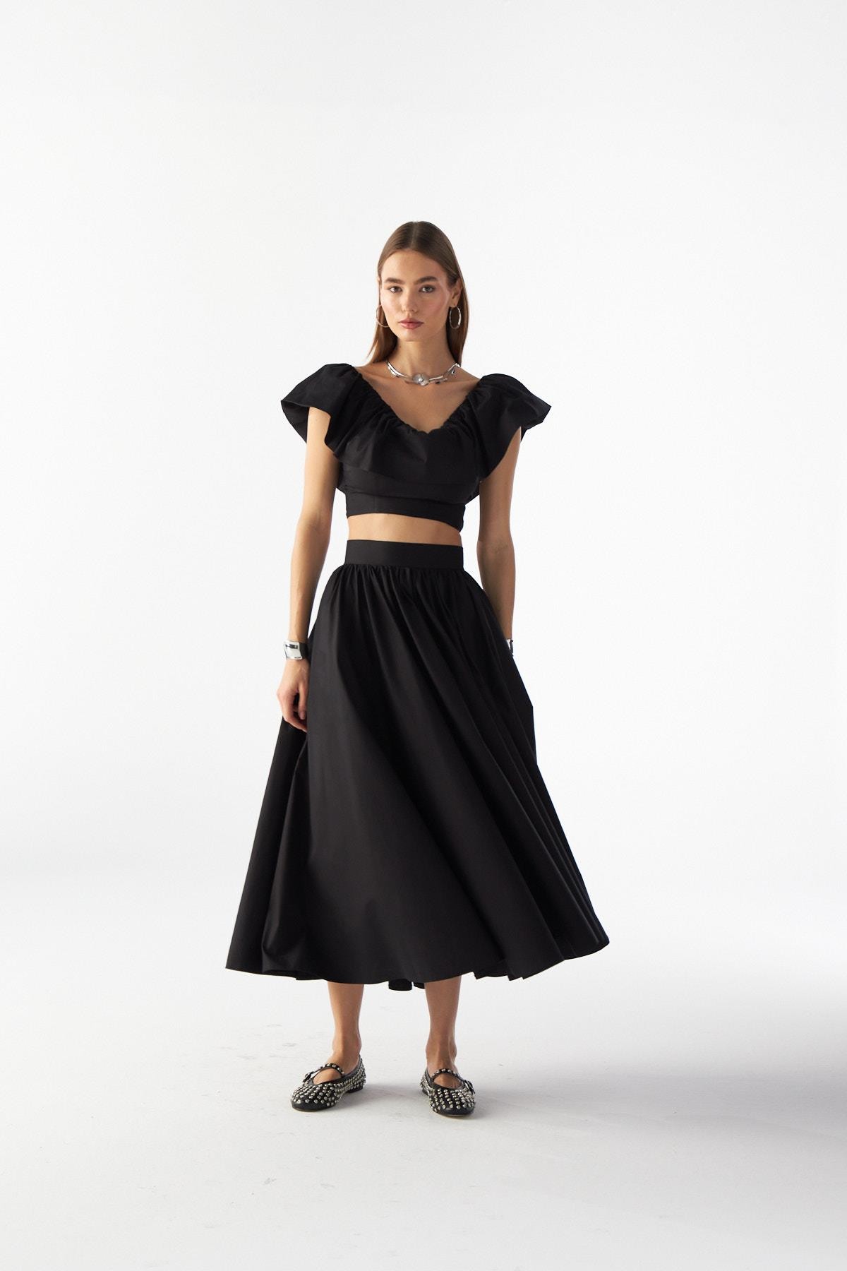 Jolie Ruffle Crop Bluz Siyah