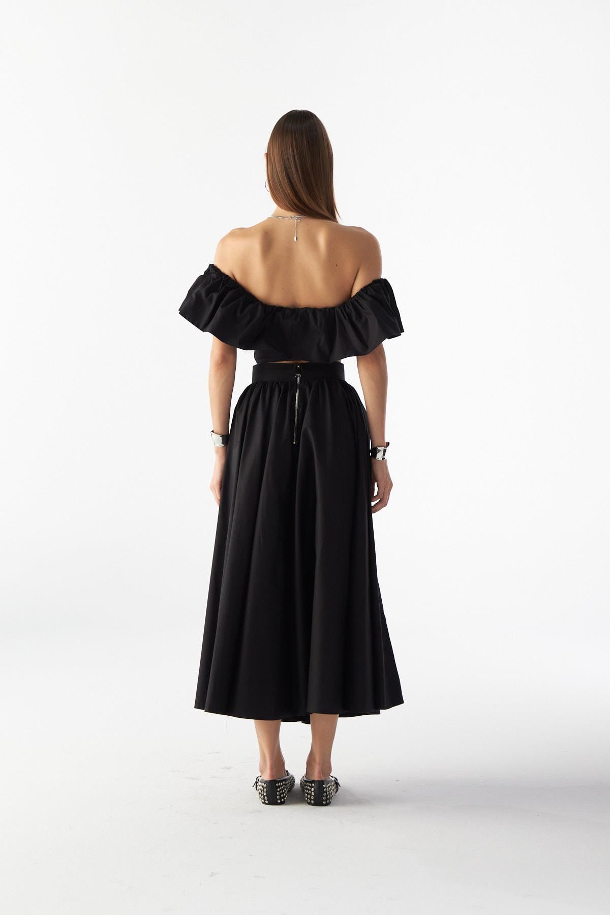 Jolie Ruffle Crop Bluz Siyah