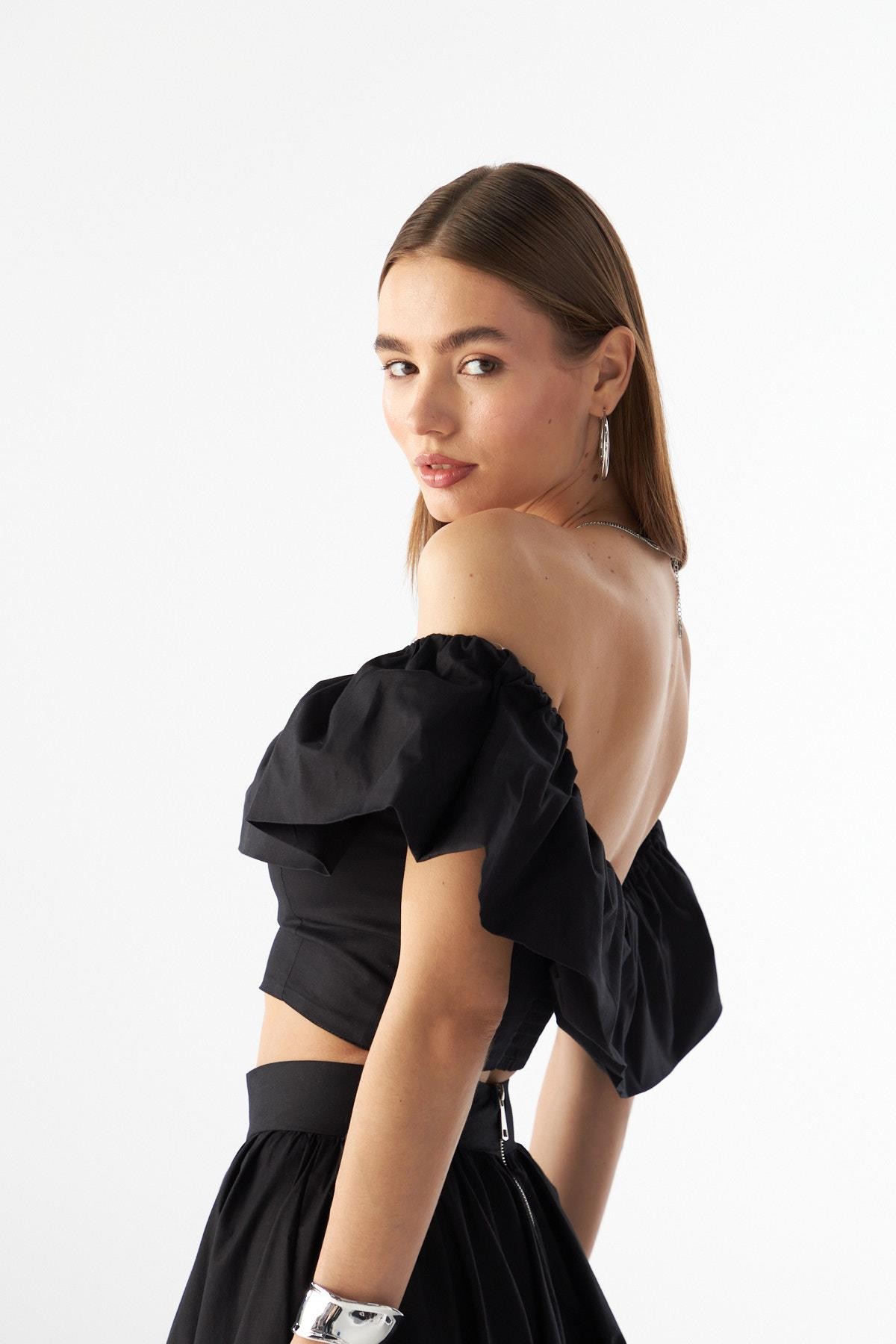 Jolie Ruffle Crop Bluz Siyah