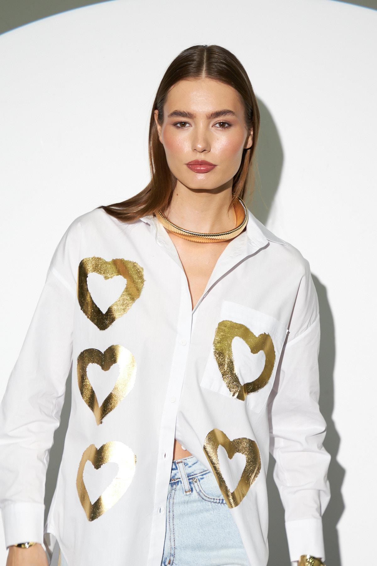Love Shine Koleksiyonu Geniş Kesim Poplin Gömlek Gold