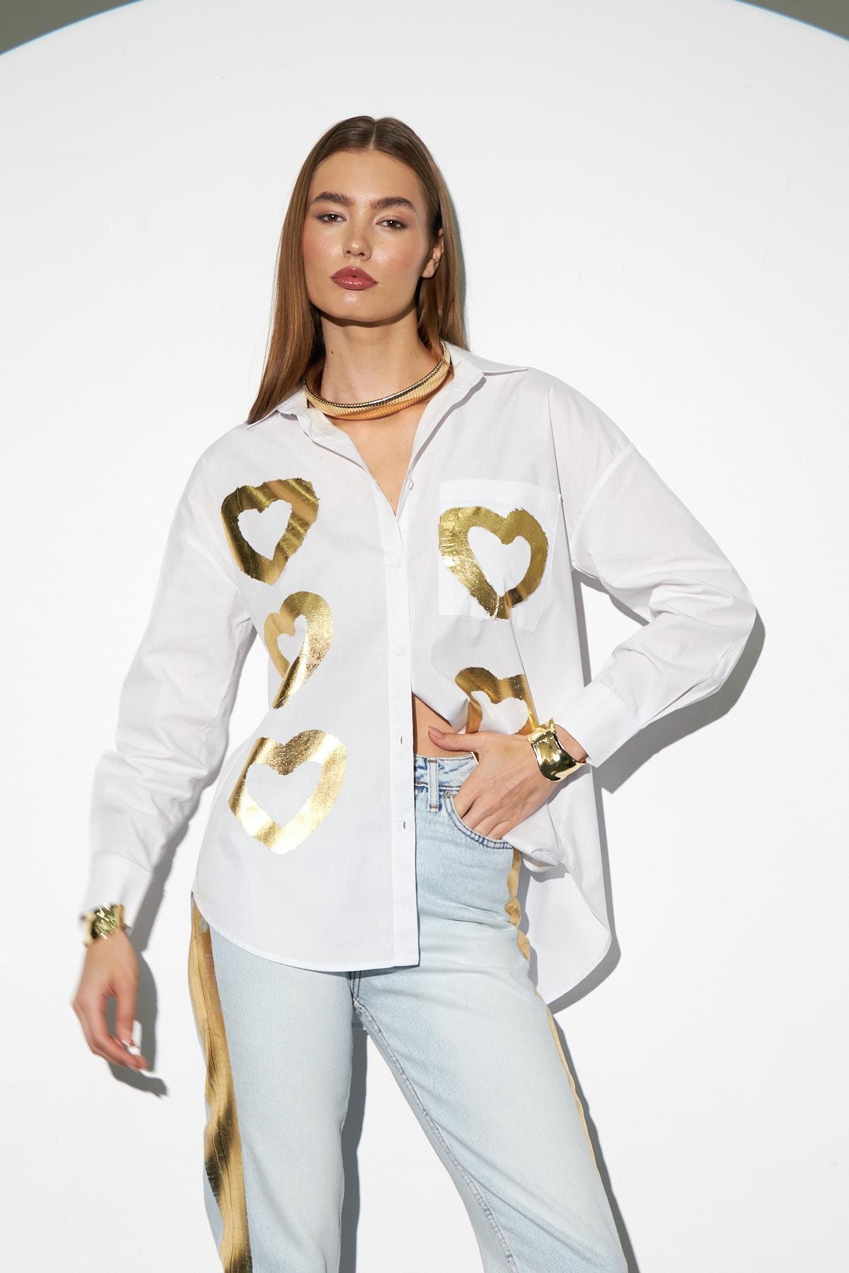 Love Shine Koleksiyonu Geniş Kesim Poplin Gömlek Gold