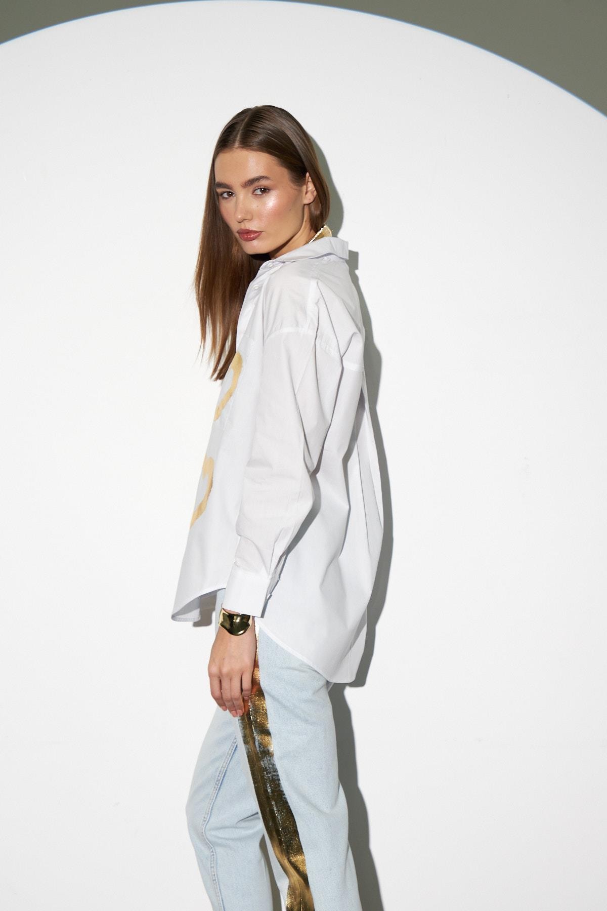 Love Shine Koleksiyonu Geniş Kesim Poplin Gömlek Gold
