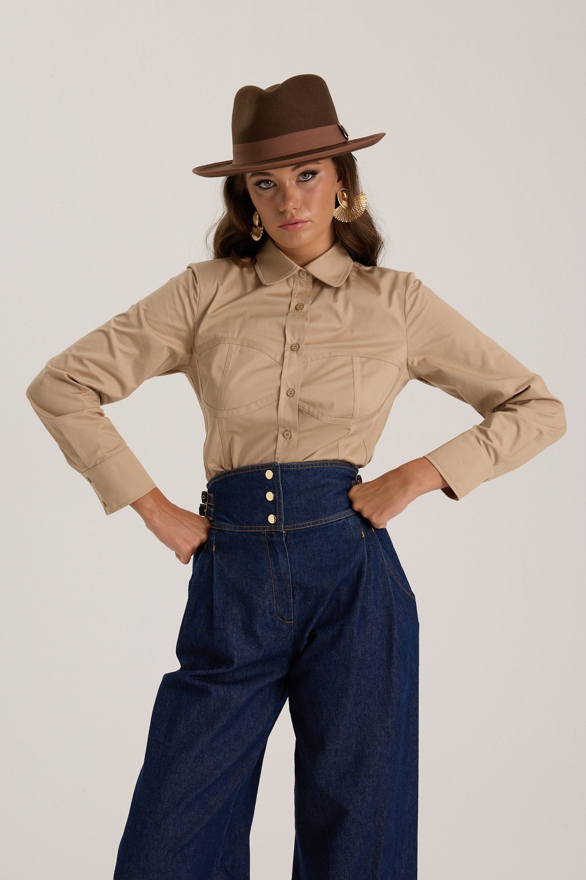 Luna Line 100% Cotton Stitched Shirt Bronze Brown