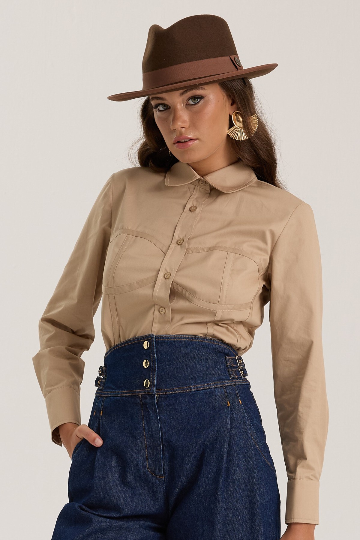 Luna Line 100% Cotton Stitched Shirt Bronze Brown