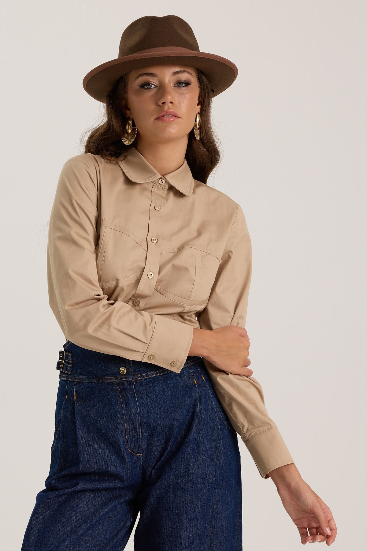 Luna Line 100% Cotton Stitched Shirt Bronze Brown