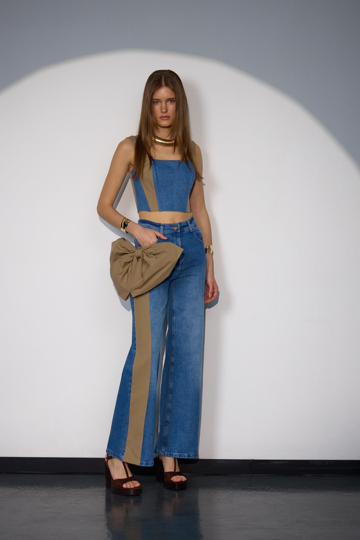 Mix & Match Denim Combo Ribbon Pant Light blue-Beige