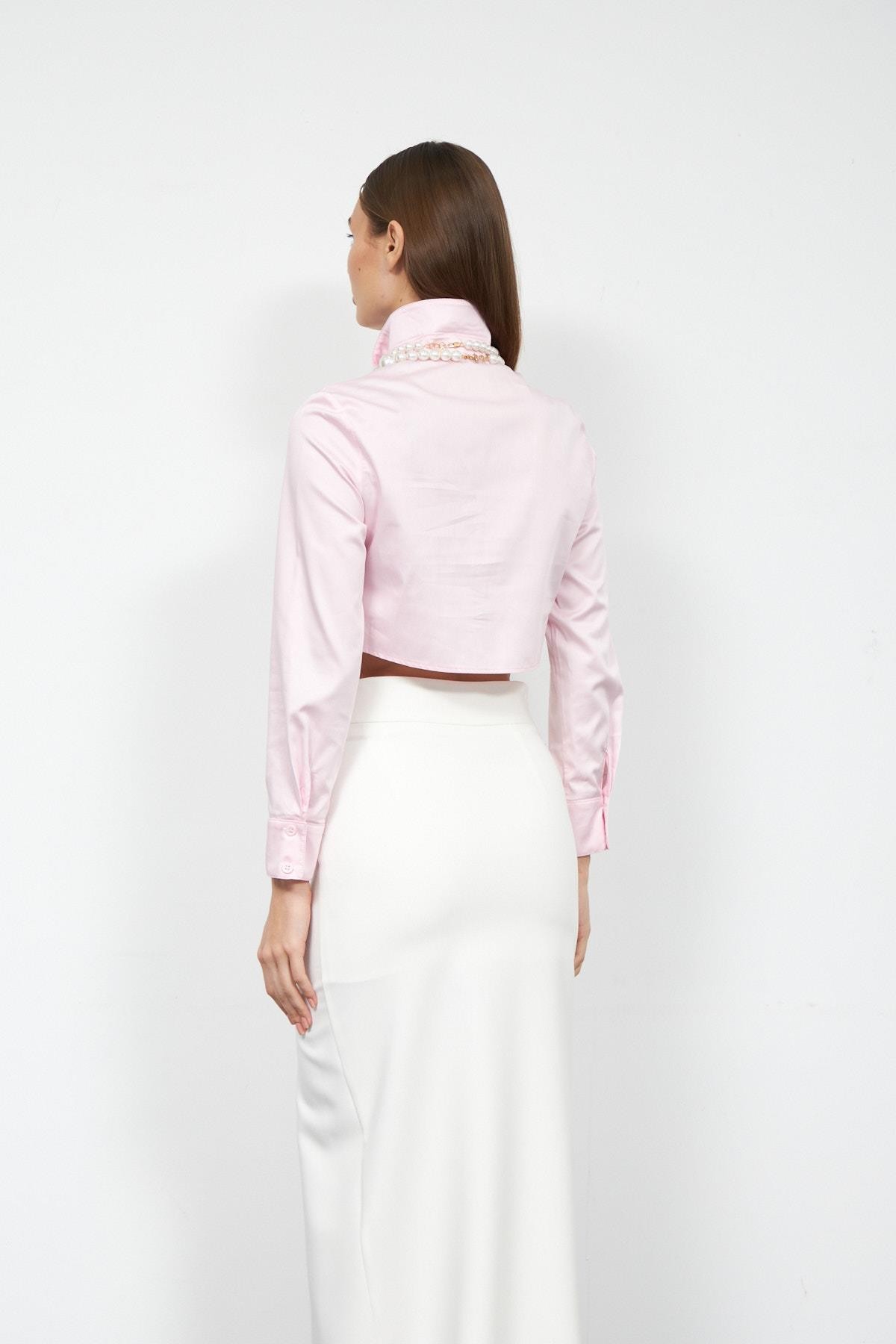 Modern Classic 100% Koton Crop Gömlek TOZ PEMBE