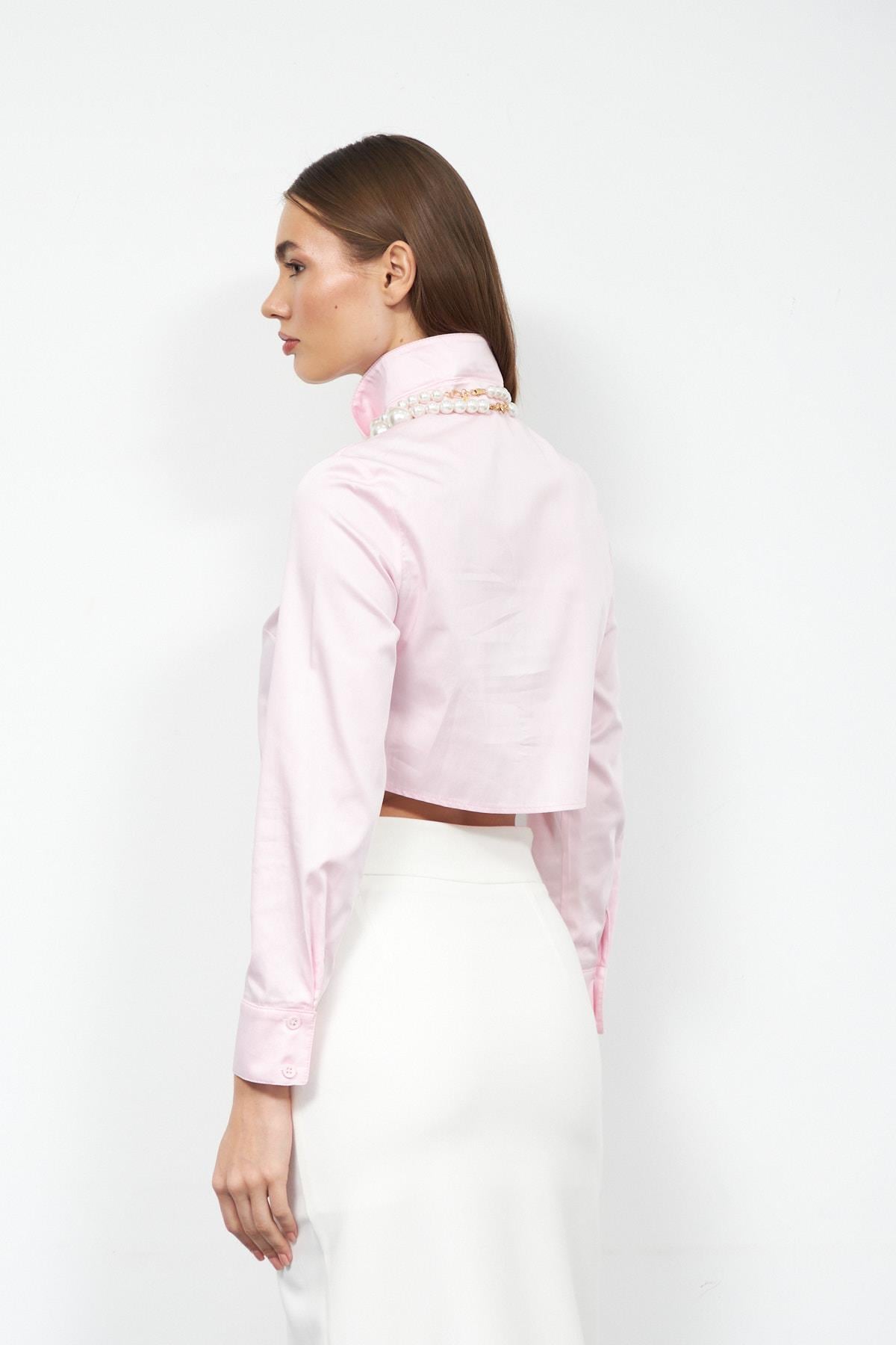 Modern Classic 100% Koton Crop Gömlek TOZ PEMBE
