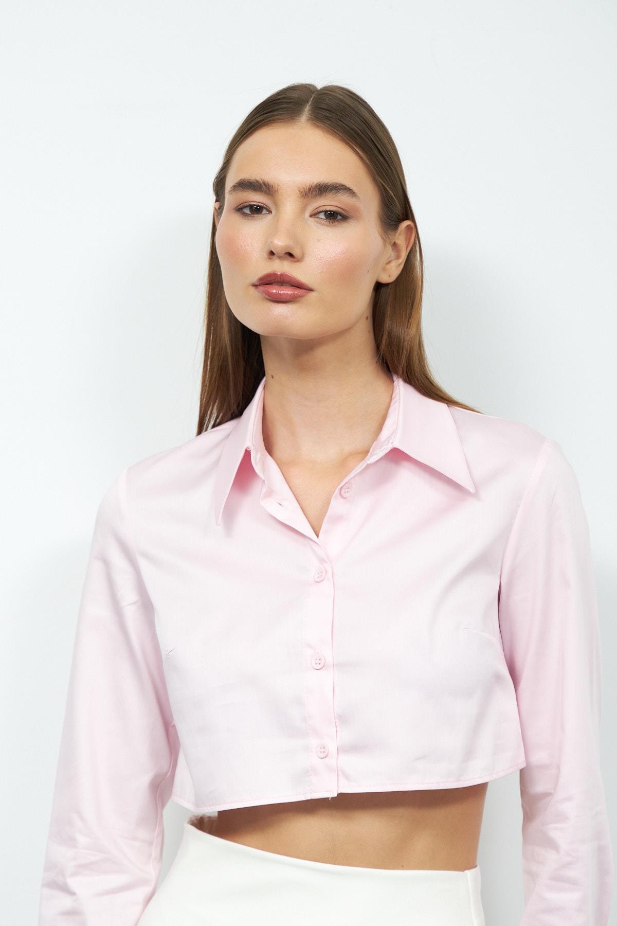 Modern Classic 100% Koton Crop Gömlek TOZ PEMBE