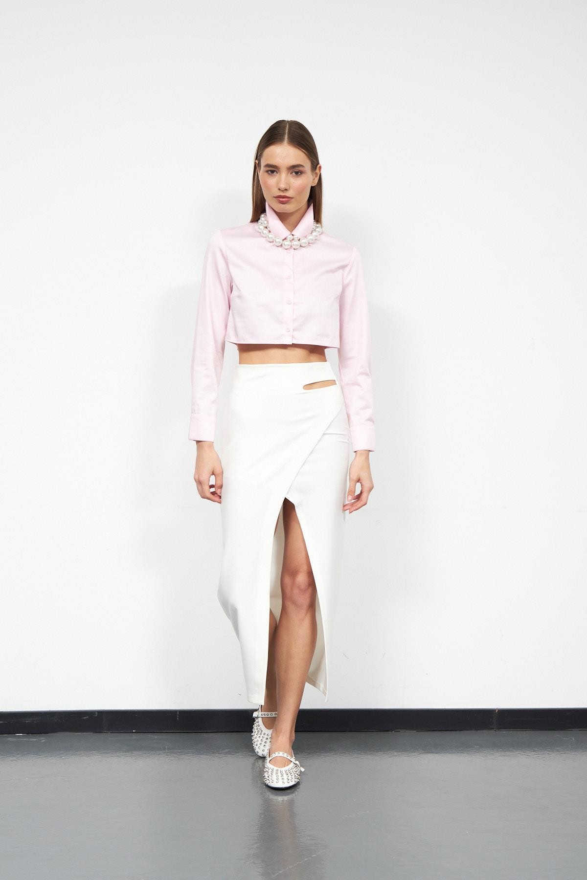 Modern Classic 100% Koton Crop Gömlek TOZ PEMBE