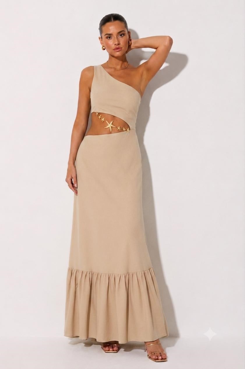 Mon Amour %100 Linen Maxi Dress Beige