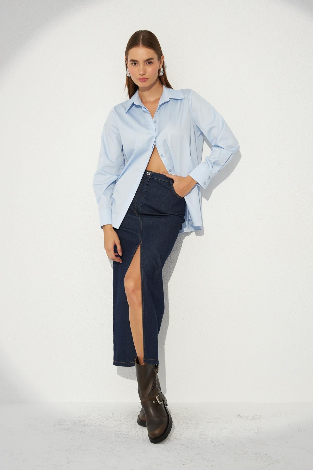 Nok Basic Serisi %100 Cotton Oversize Gömlek Açık Mavi