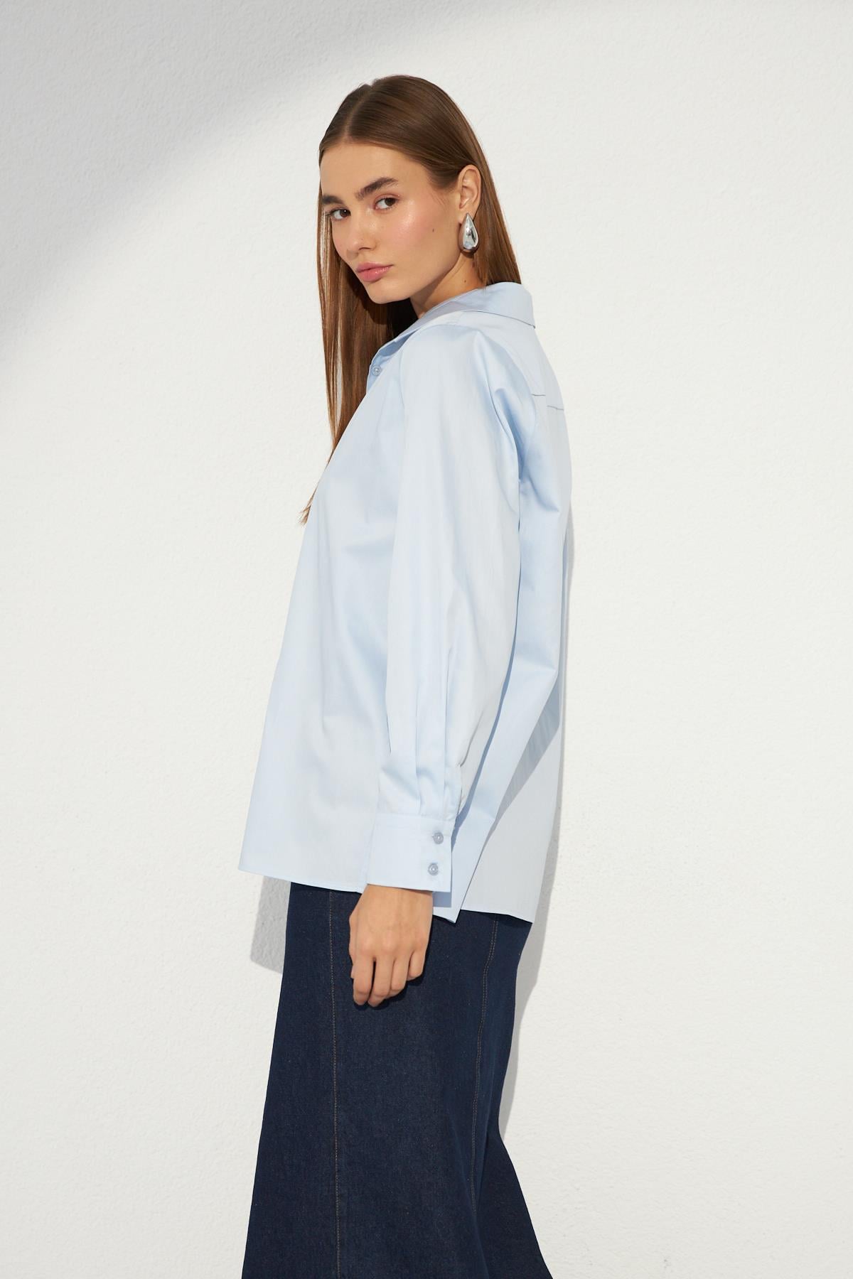 Nok Basic Serisi %100 Cotton Oversize Gömlek Açık Mavi