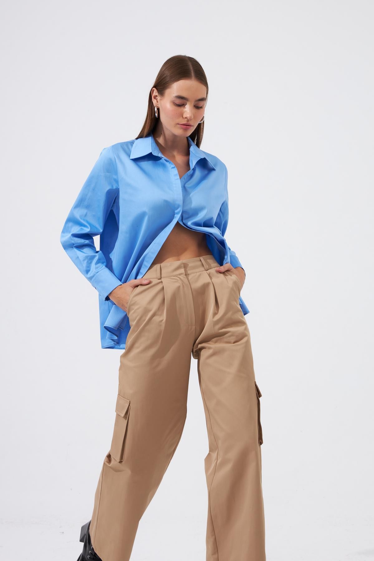 Nok Basic Serisi %100 Cotton Oversize Gömlek Koyu Mavi