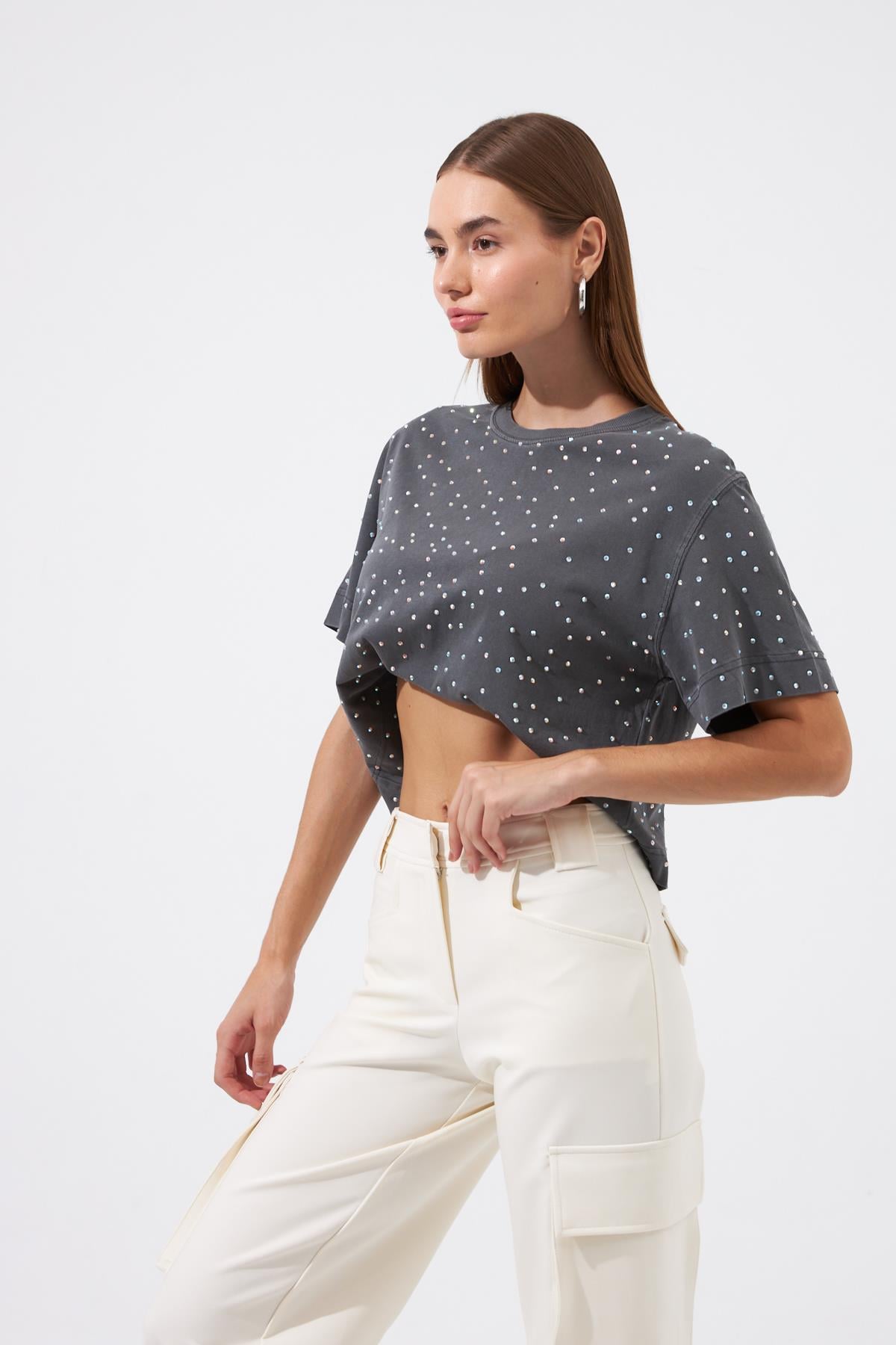 Nok Diamond Serisi Taş Baskılı Yıkamalı Tshirt Antrasit