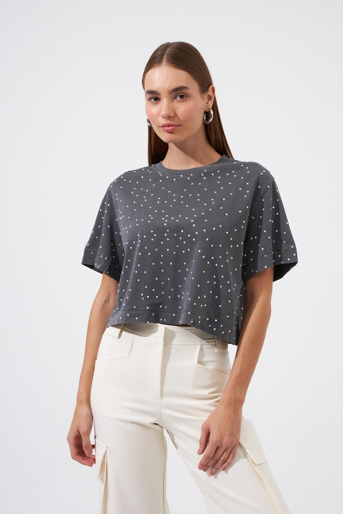 Nok Diamond Serisi Taş Baskılı Yıkamalı Tshirt Antrasit