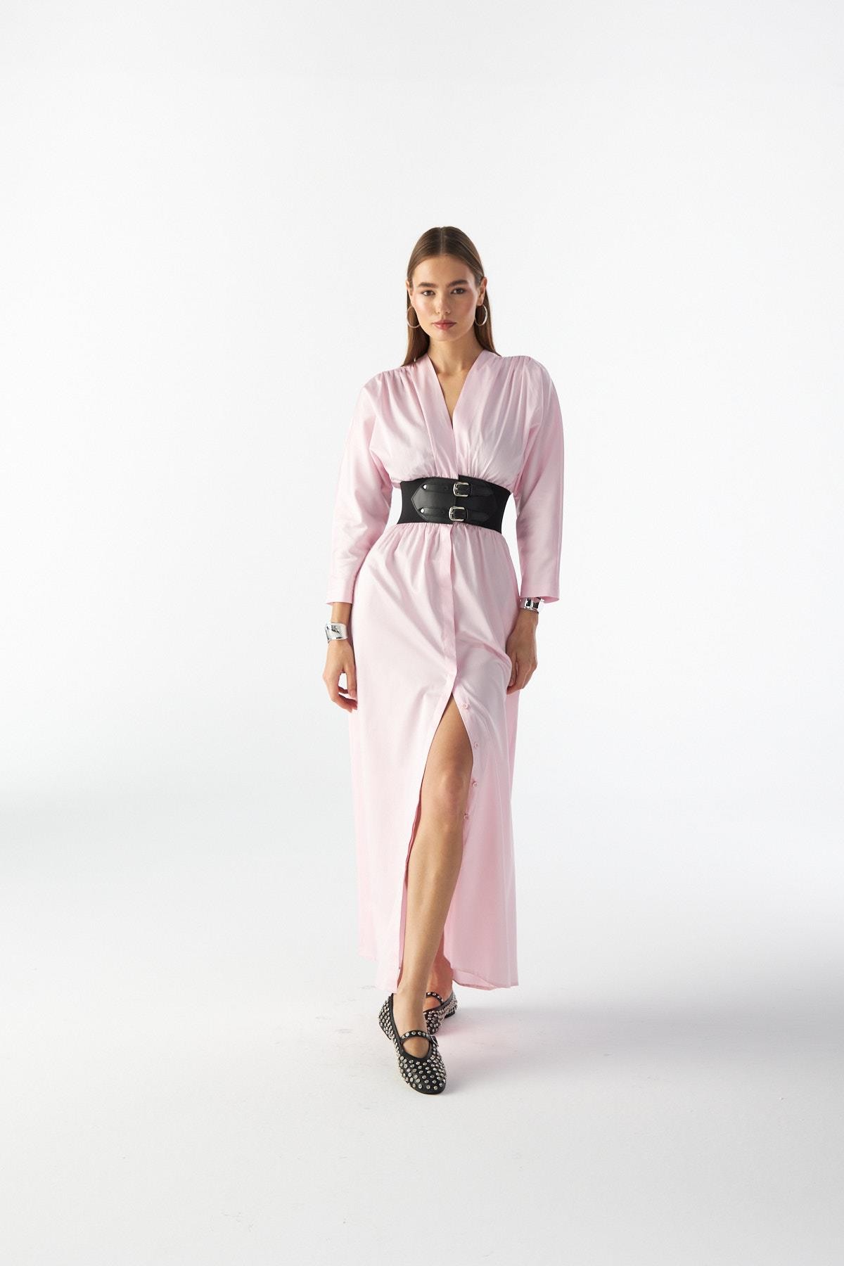 NOK LUCKY SERİSİ KORSAJLI MAXİ BOY POPLİN ELBİSE TOZ PEMBE