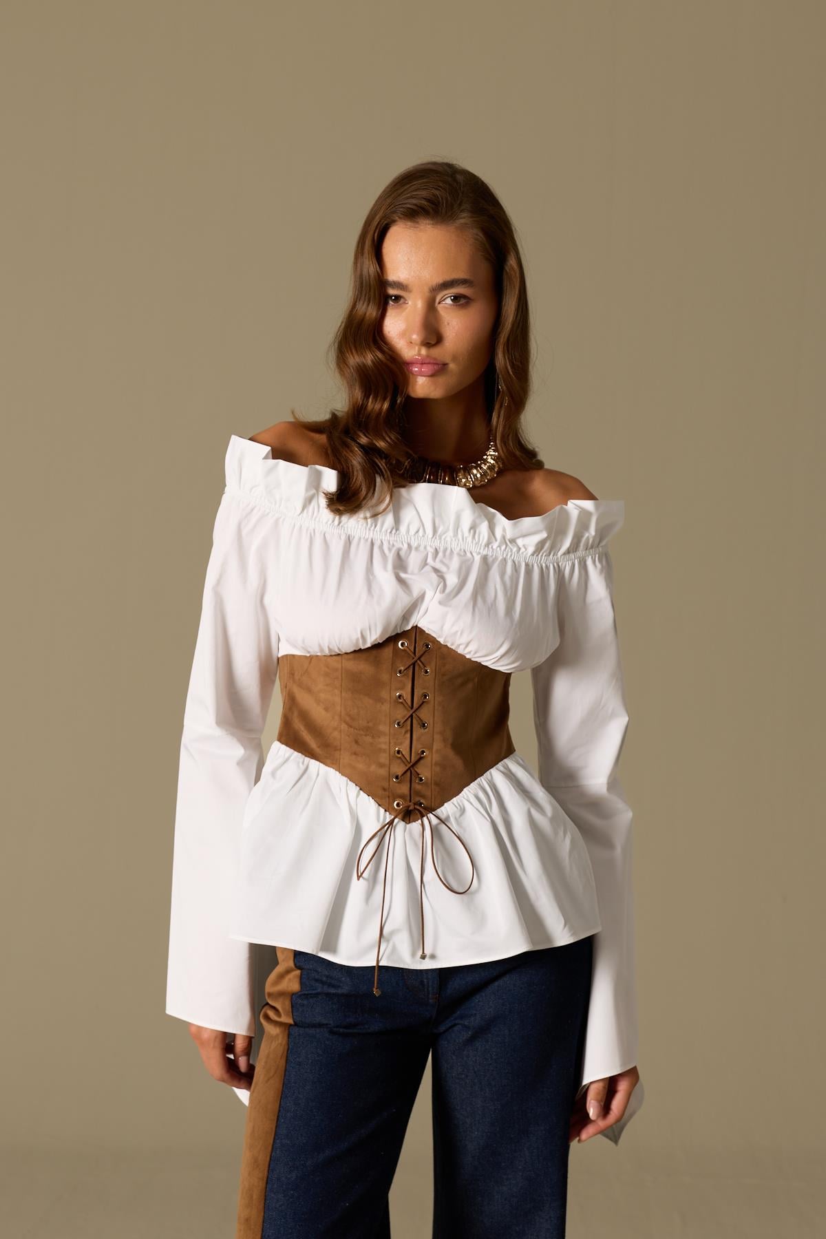 Retro Corset Tale Elastic 100% Cotton Shirt Bustier White