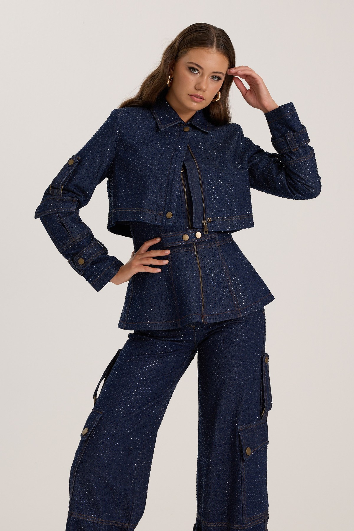 Rock Star Crystal Denim Jacket Dark Blue