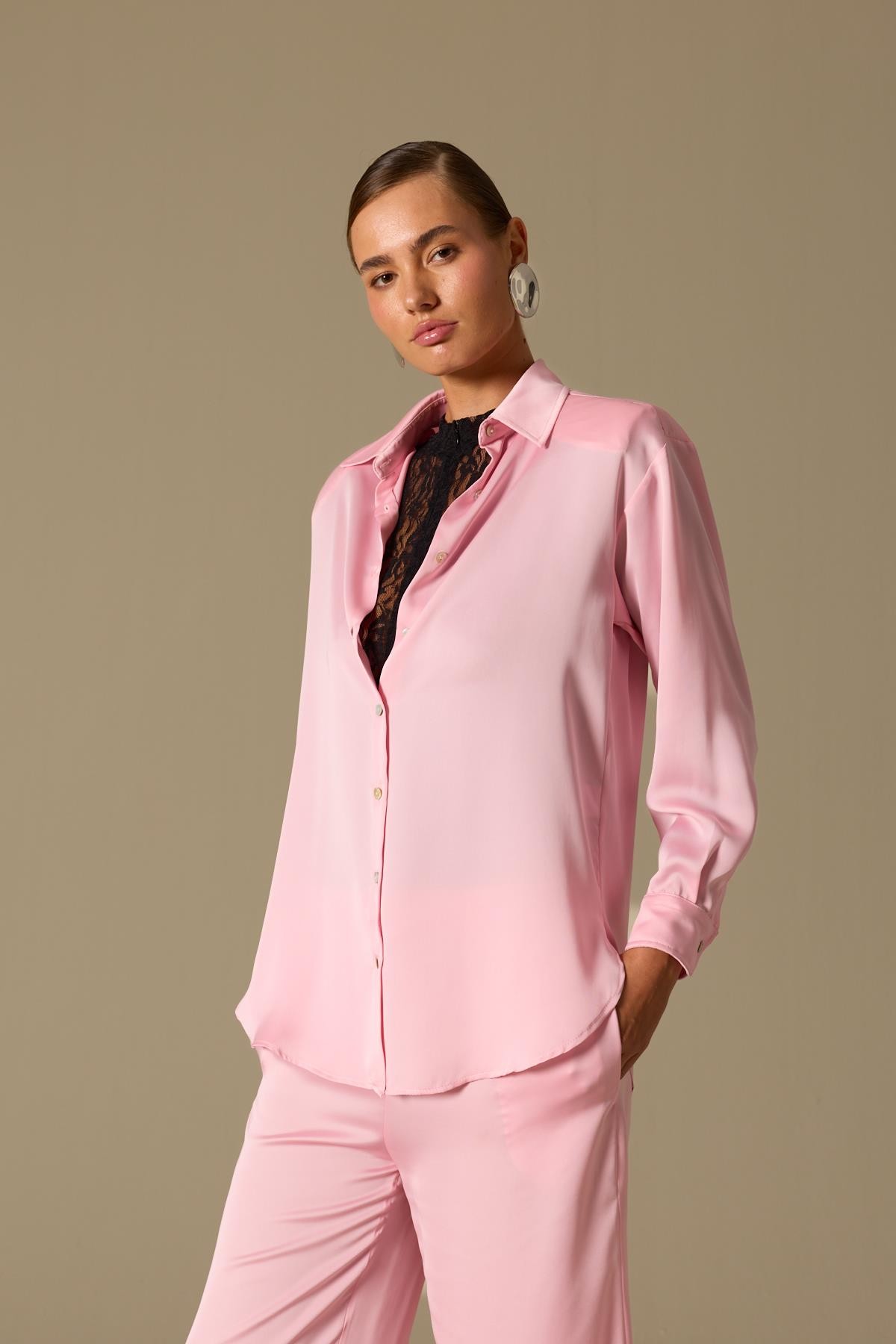 Sateen Touch Vatkalı Gömlek Pink