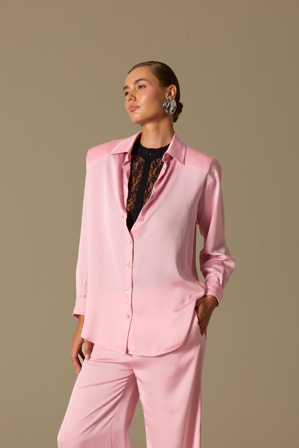 Sateen Touch Vatkalı Gömlek Pink