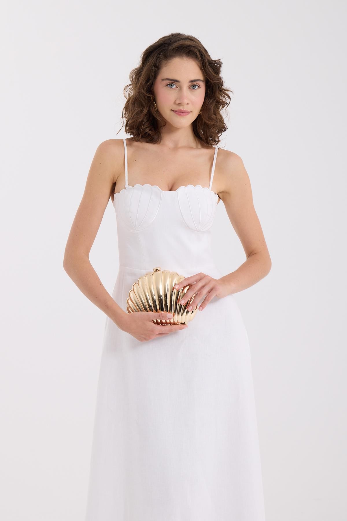 Seashell Bloom 100% Keten Maxi Boy Elbise Beyaz
