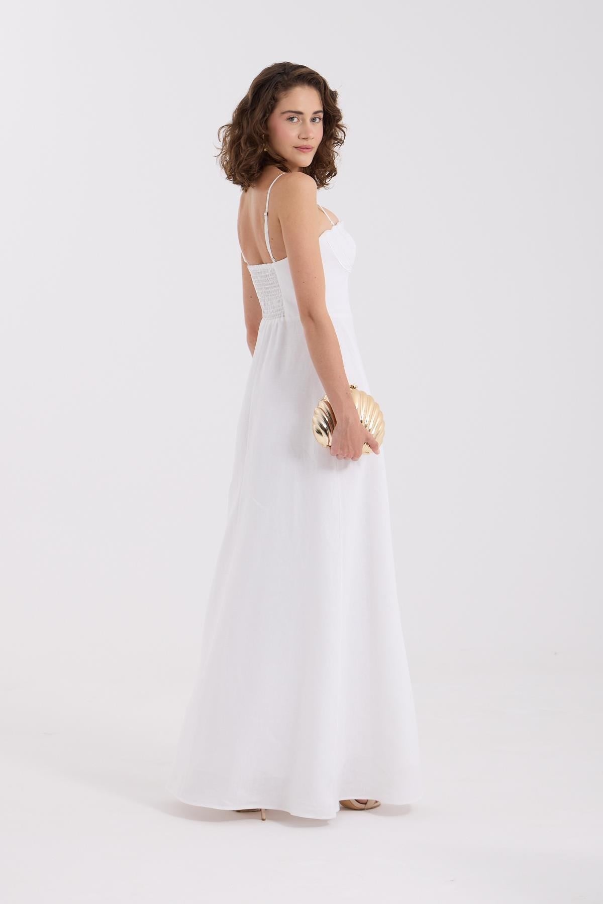 Seashell Bloom %100 Linen Maxi Dress White