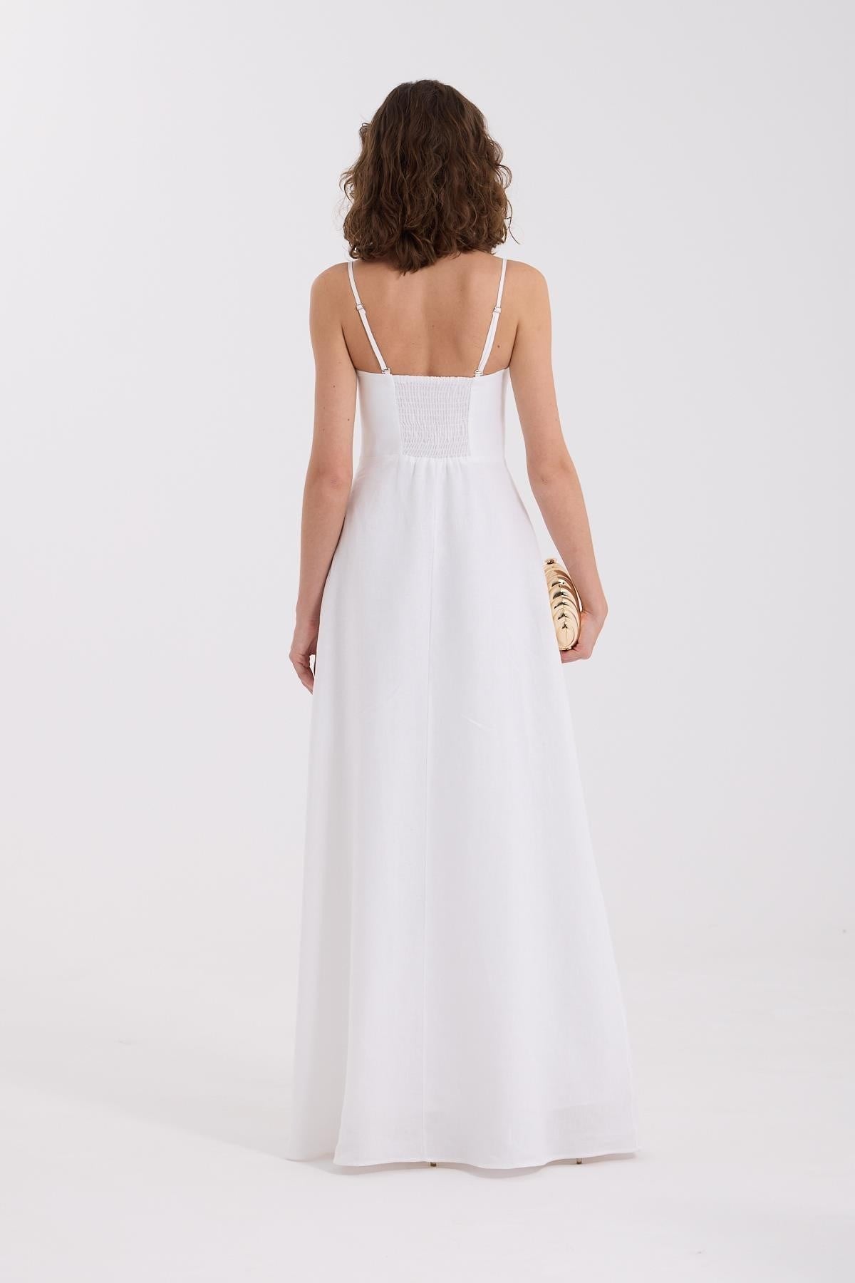 Seashell Bloom %100 Linen Maxi Dress White