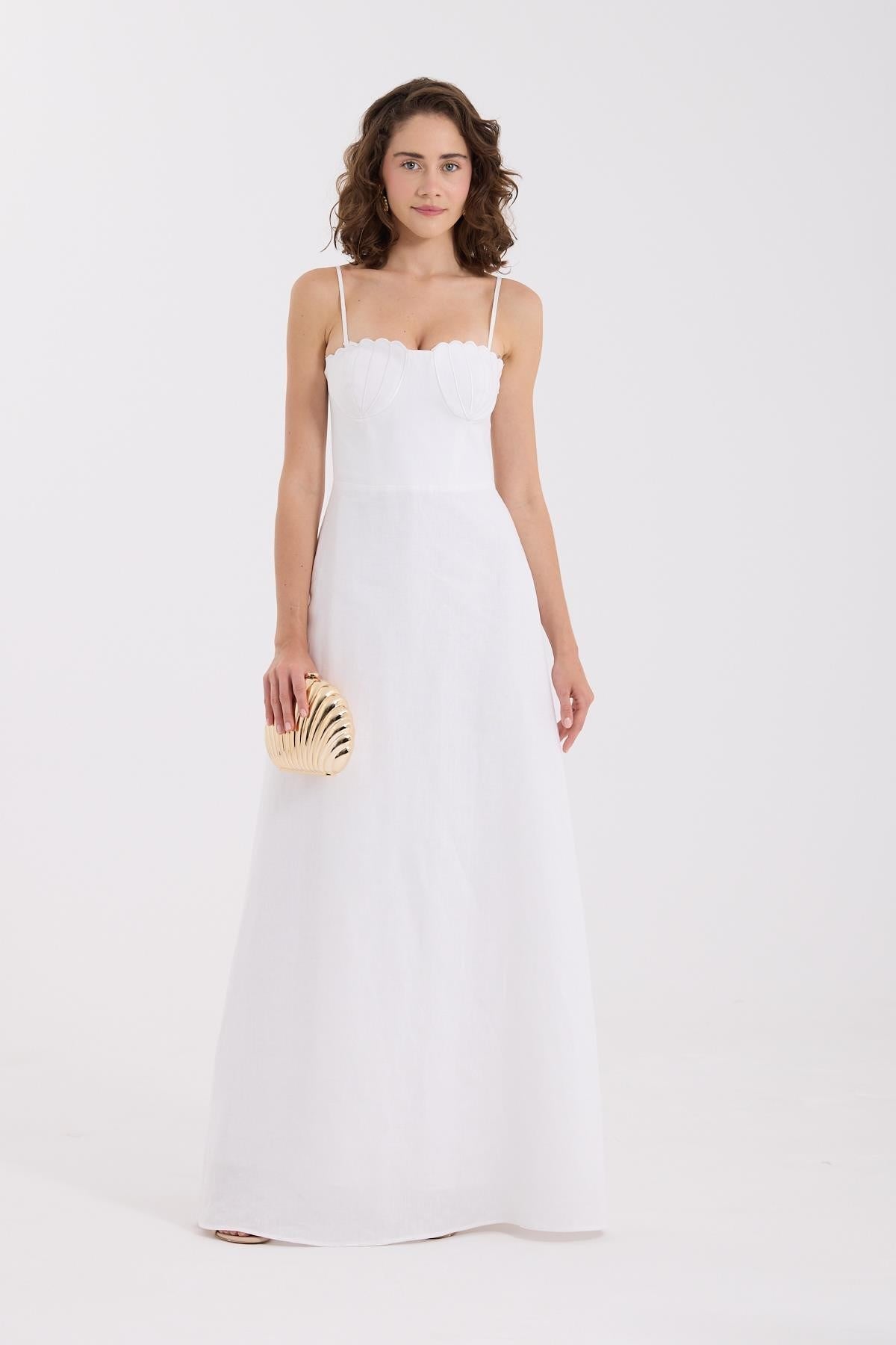 Seashell Bloom %100 Linen Maxi Dress White