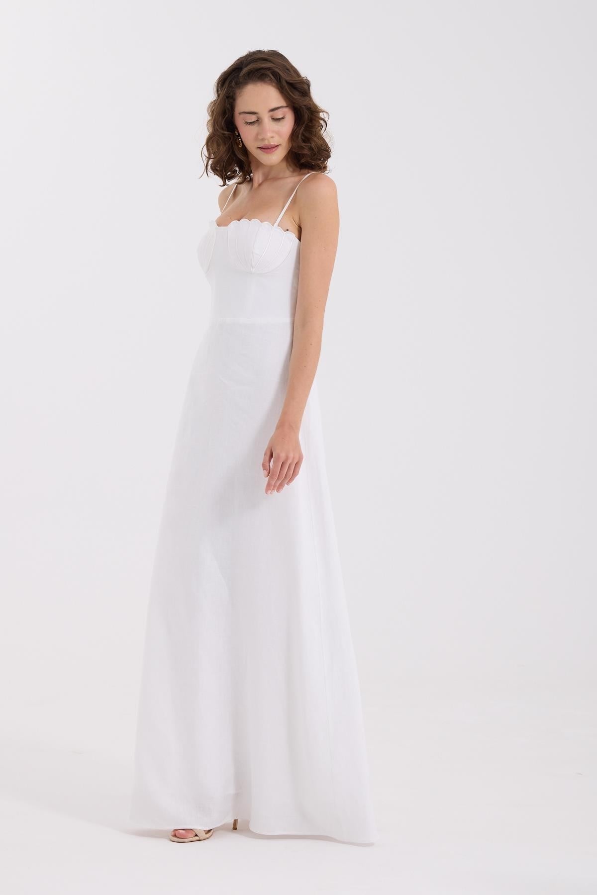 Seashell Bloom %100 Linen Maxi Dress White