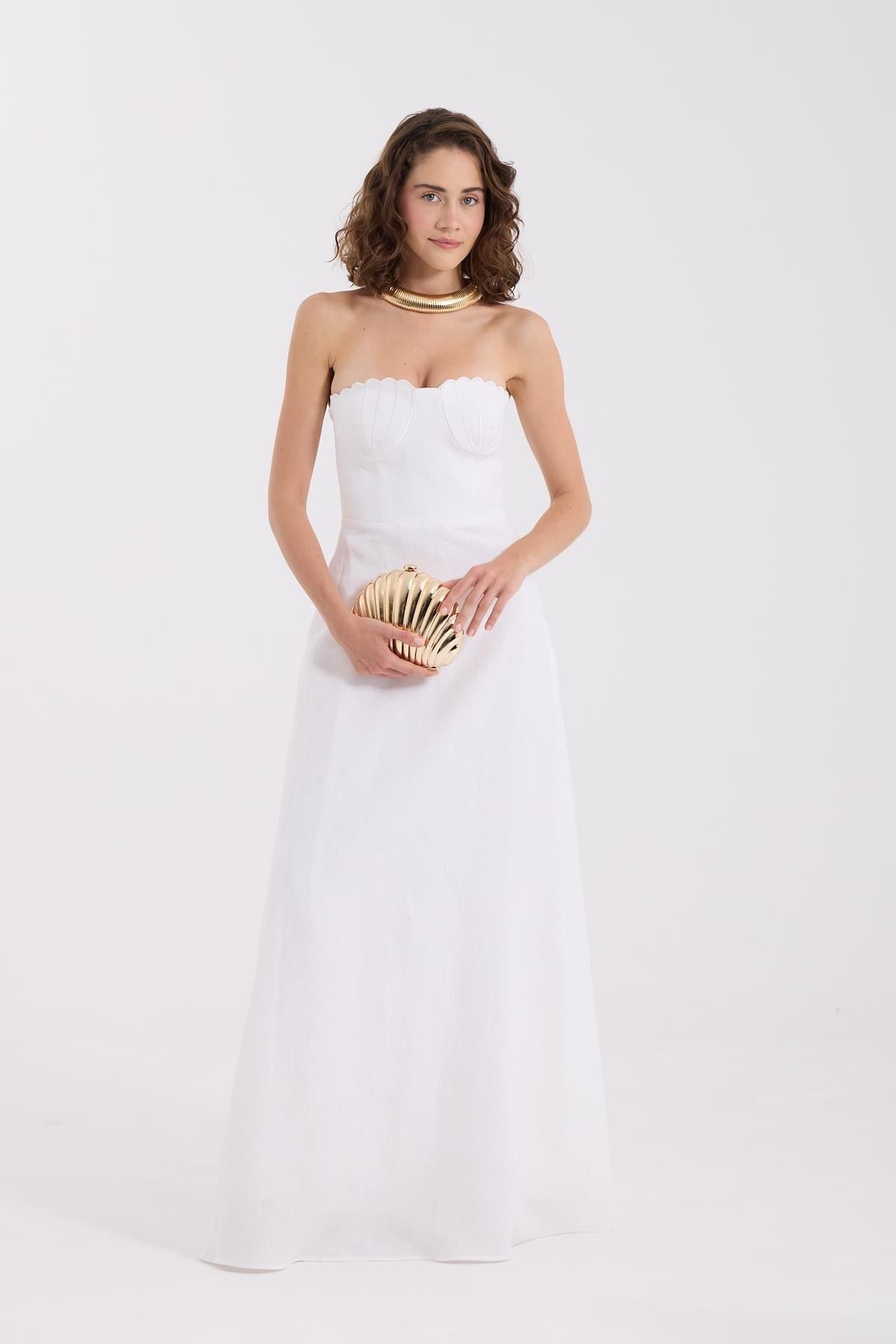 Seashell Bloom %100 Linen Maxi Dress White